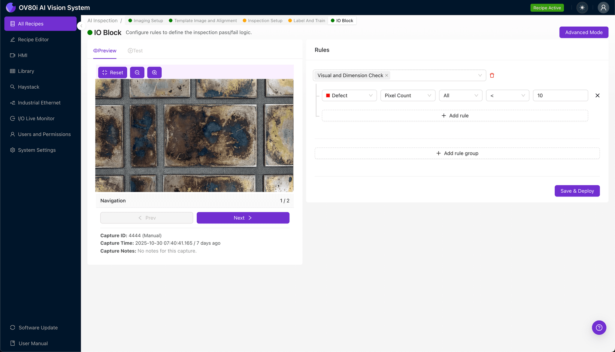 Inspection region setup highlighting tarnish detection zones on silver-plated ground plane