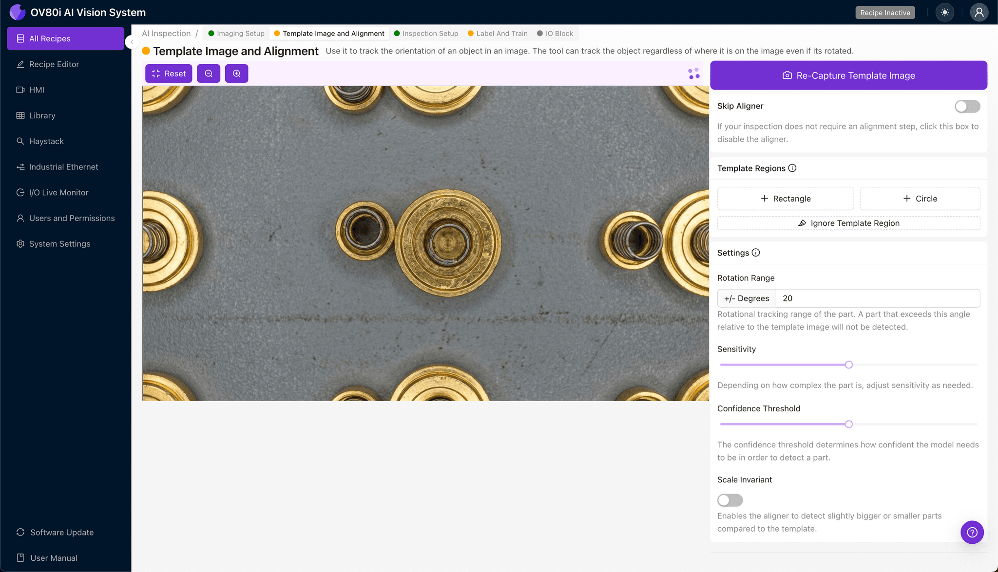 Template alignment configuration for SMPM bullet adapter inspection