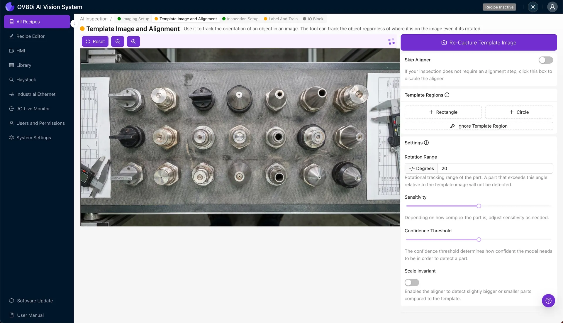 Setting up template matching for nozzle alignment