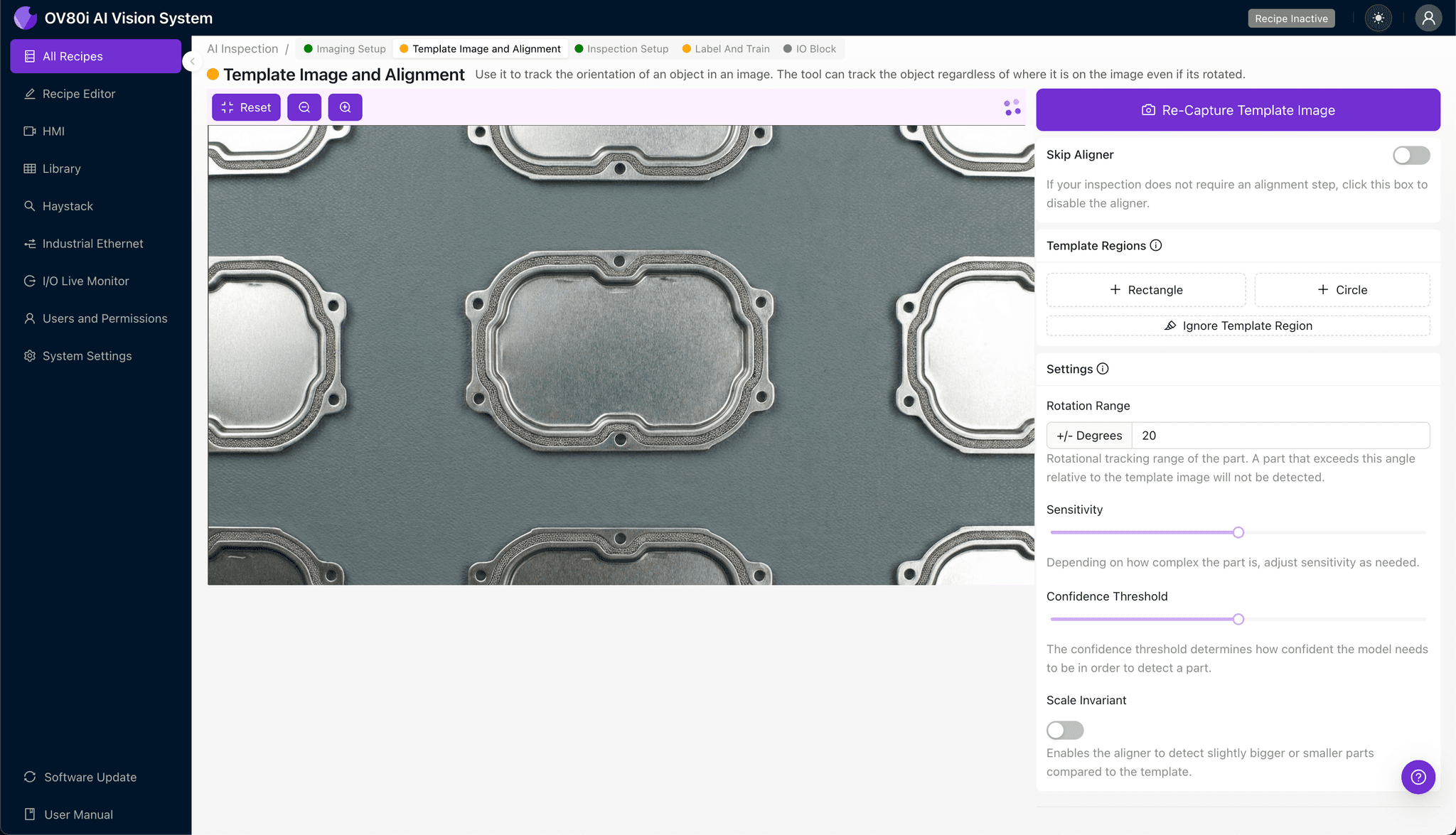 Alineación de plantilla para detección de marcas de acuñado en escudo estampado