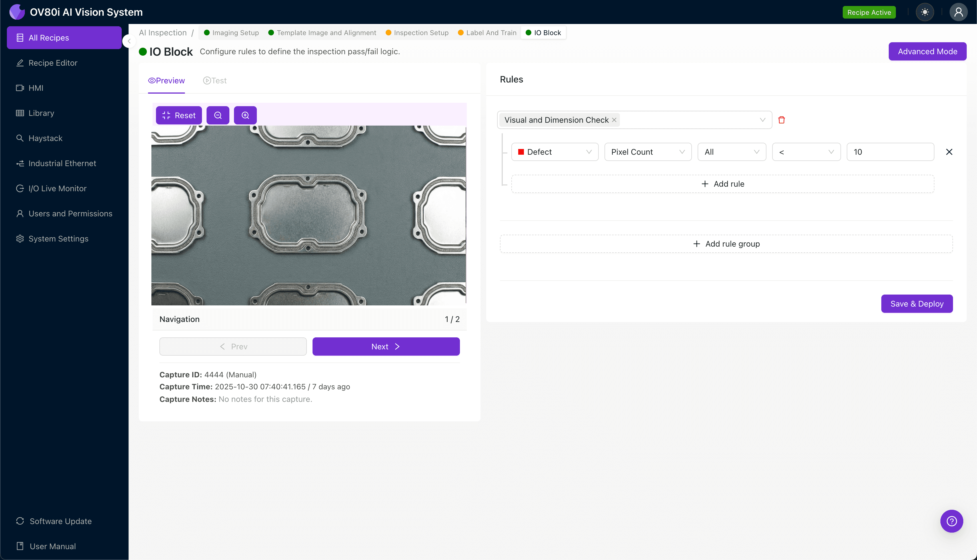 Inspección con visión de máquina de marcas de acuñado en escudo EMI estampado