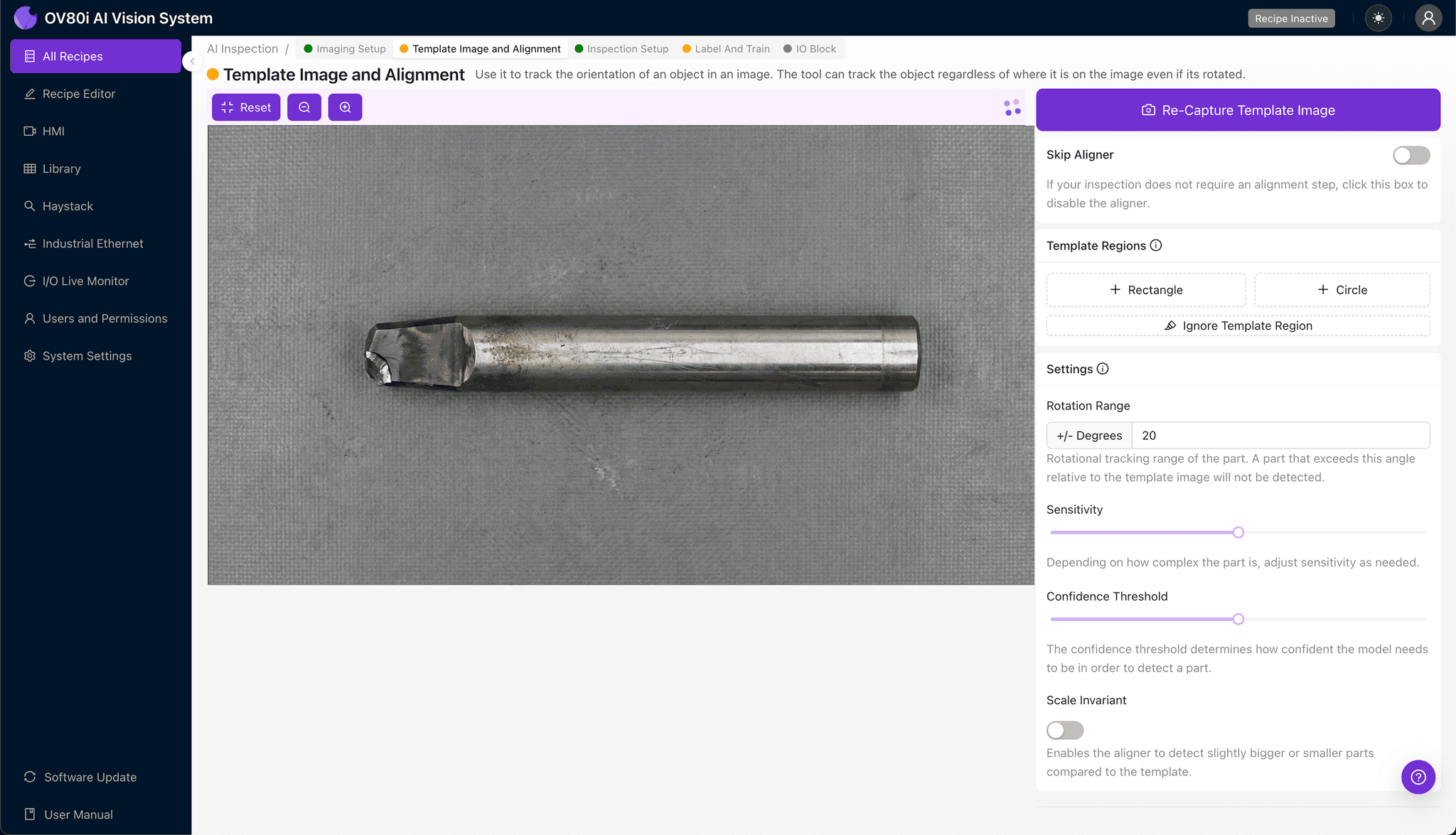 Template image alignment configuration for stamping punch inspection