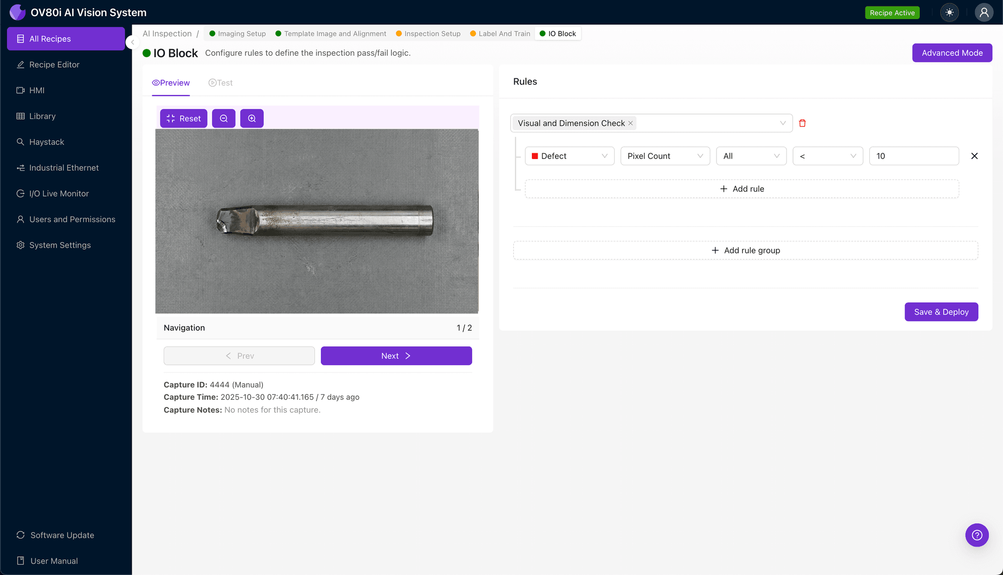 Inspection region selection highlighting carbide tip edges and corners