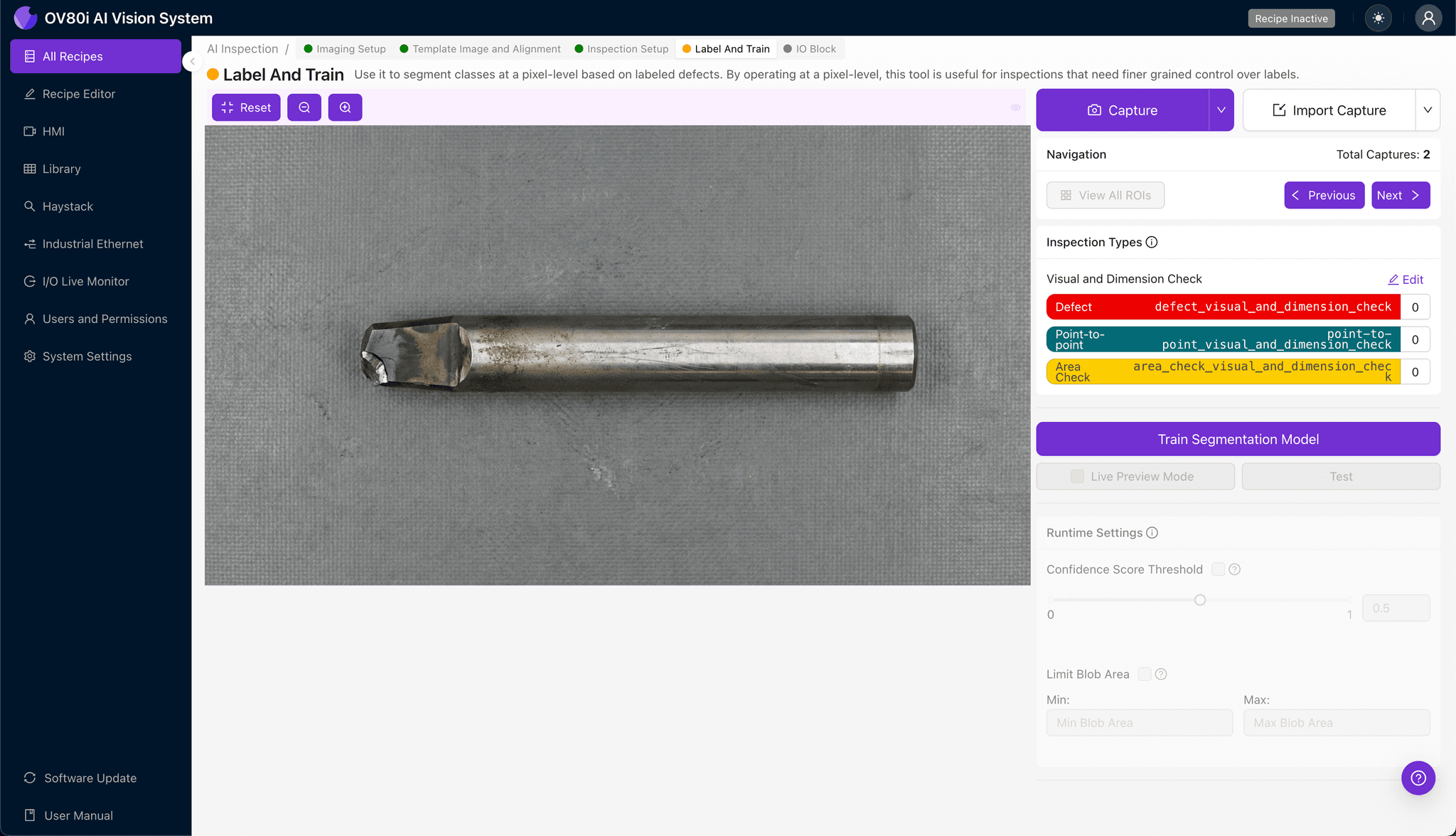 Rule configuration panel for automated pass/fail decisions on stamping punches