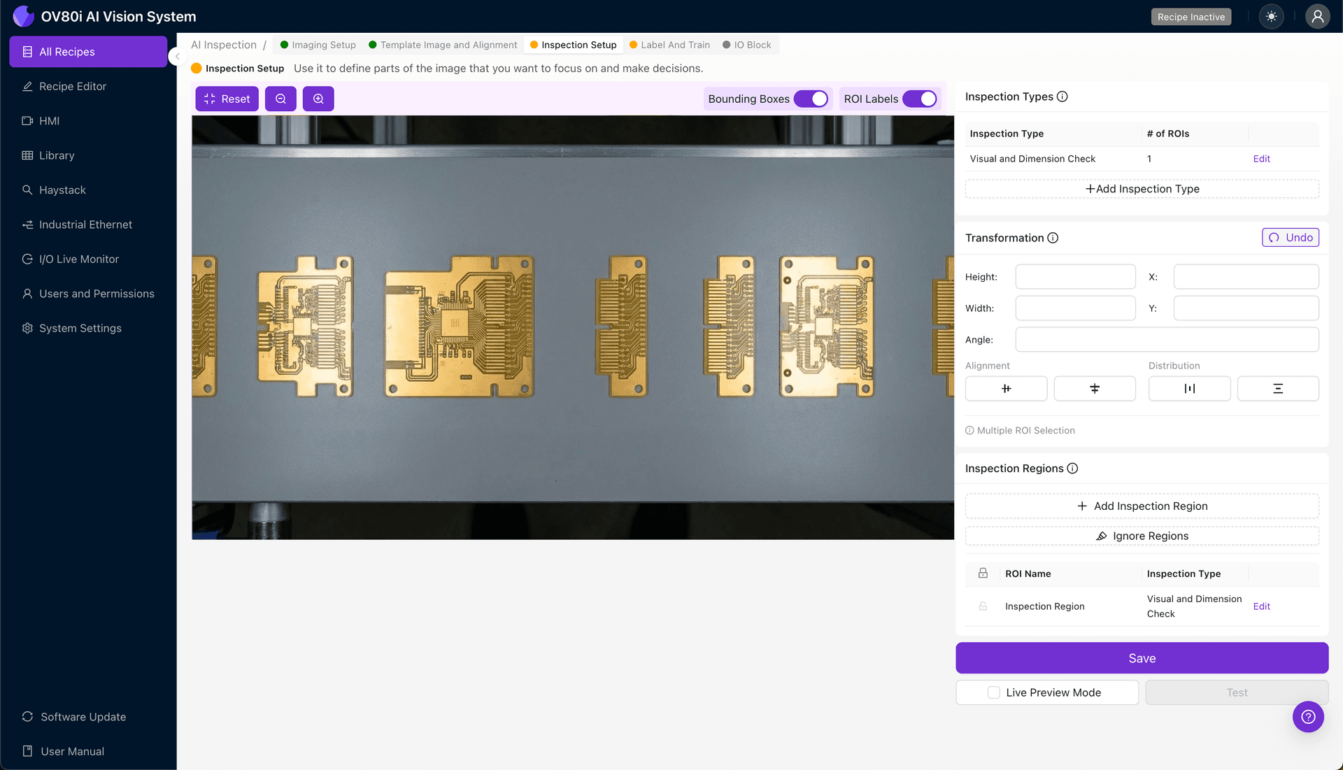 Defining inspection regions on the terminal