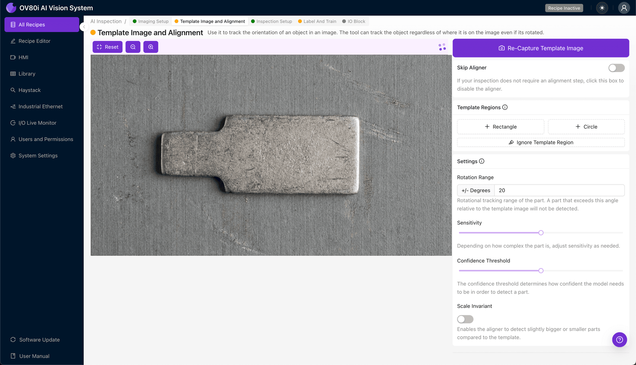 Template image alignment configuration for tin-plated tail parts