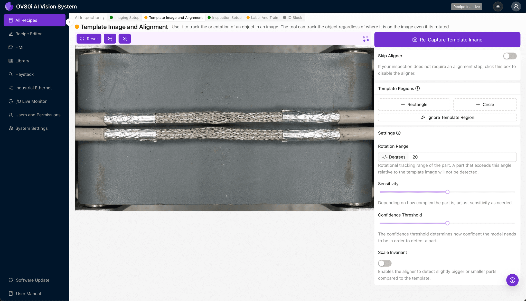 Template image alignment for twinax pair inspection
