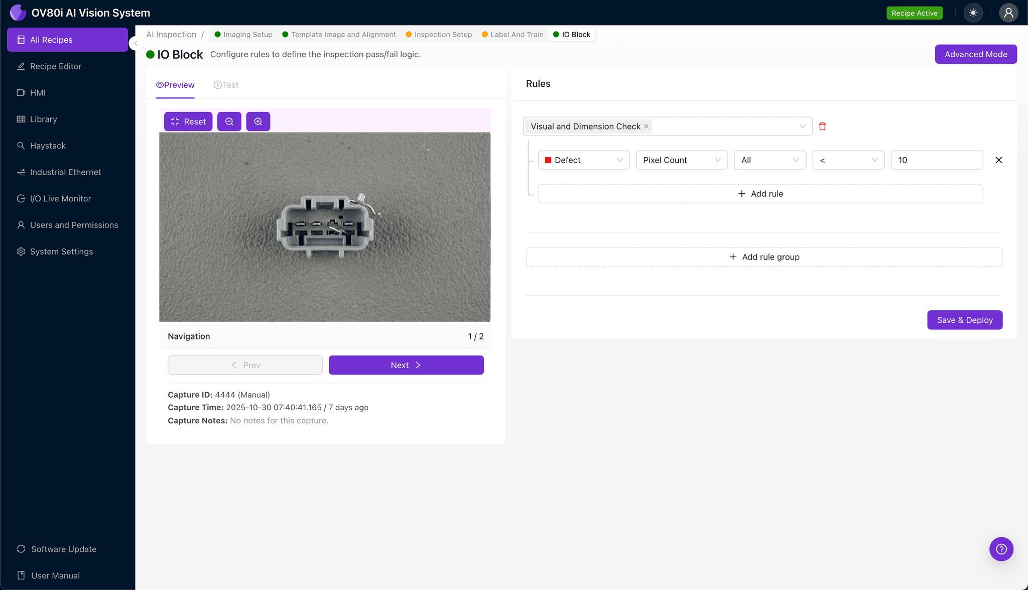Inspection region selection showing lance deformation and TPA surface defect zones on USCAR terminal