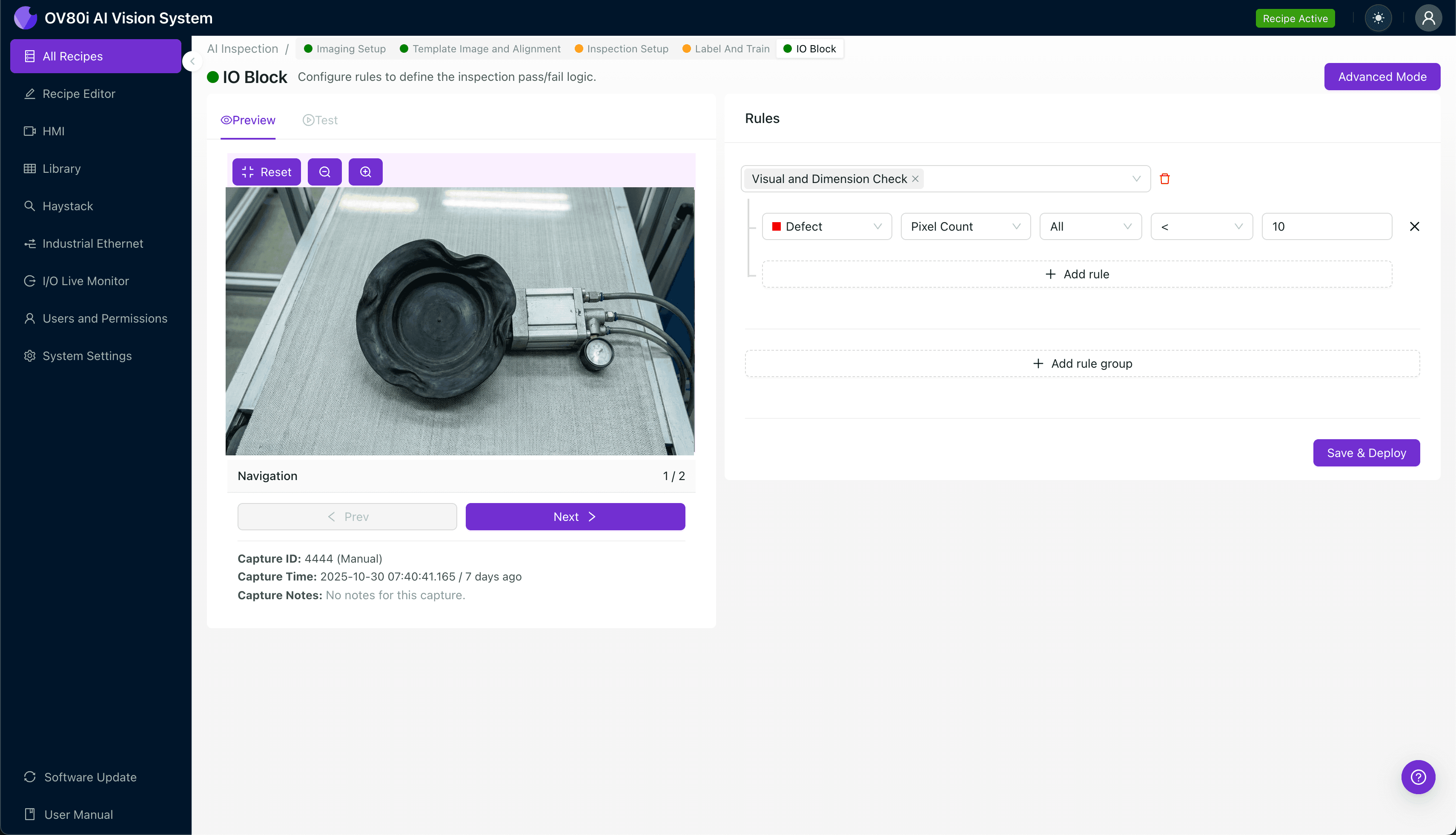 Overview.ai inspection interface showing deformed suction cup detection on vacuum gripper