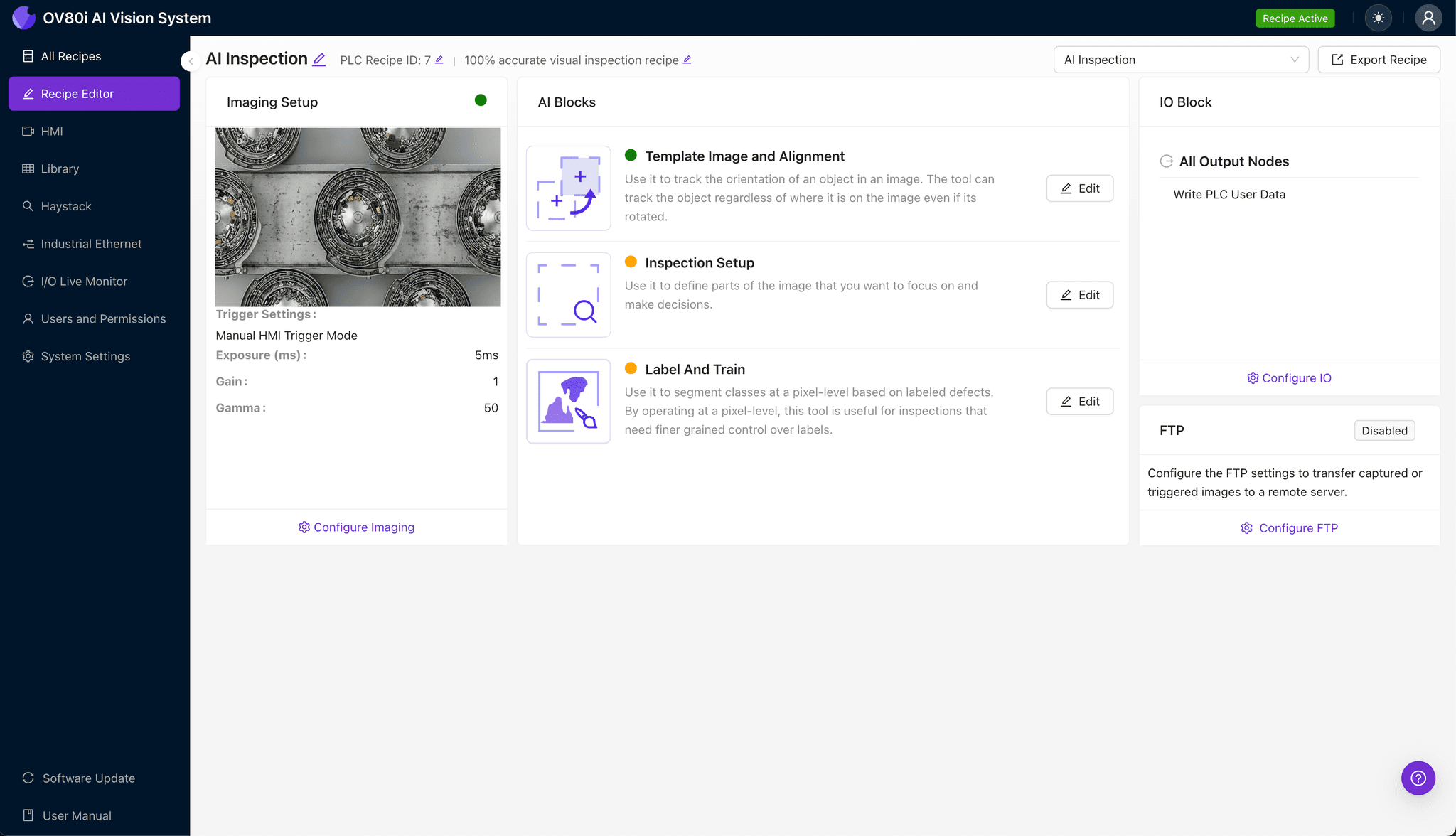 Camera setup and imaging configuration for vibratory bowl feeder track inspection