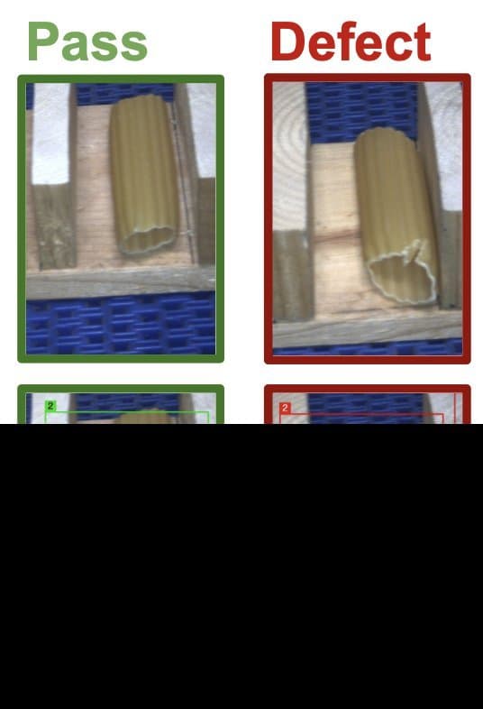 Pasta cracks on a moving conveyer — ví dụ kiểm tra lỗi ngành Food & Beverage