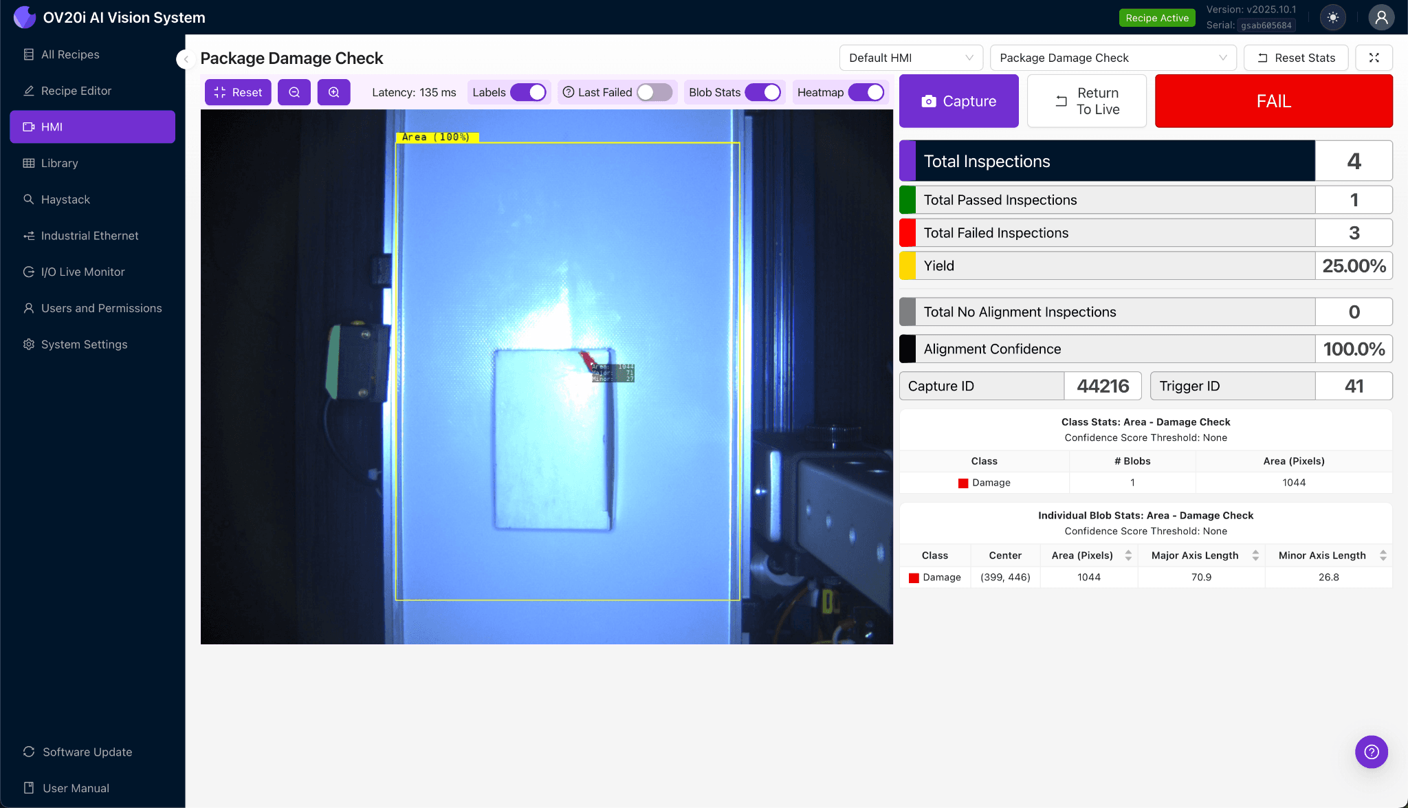 Conveyor Gap Measurement — OV20i / OV80i HMI showing 4 tracked gap regions with 100% yield