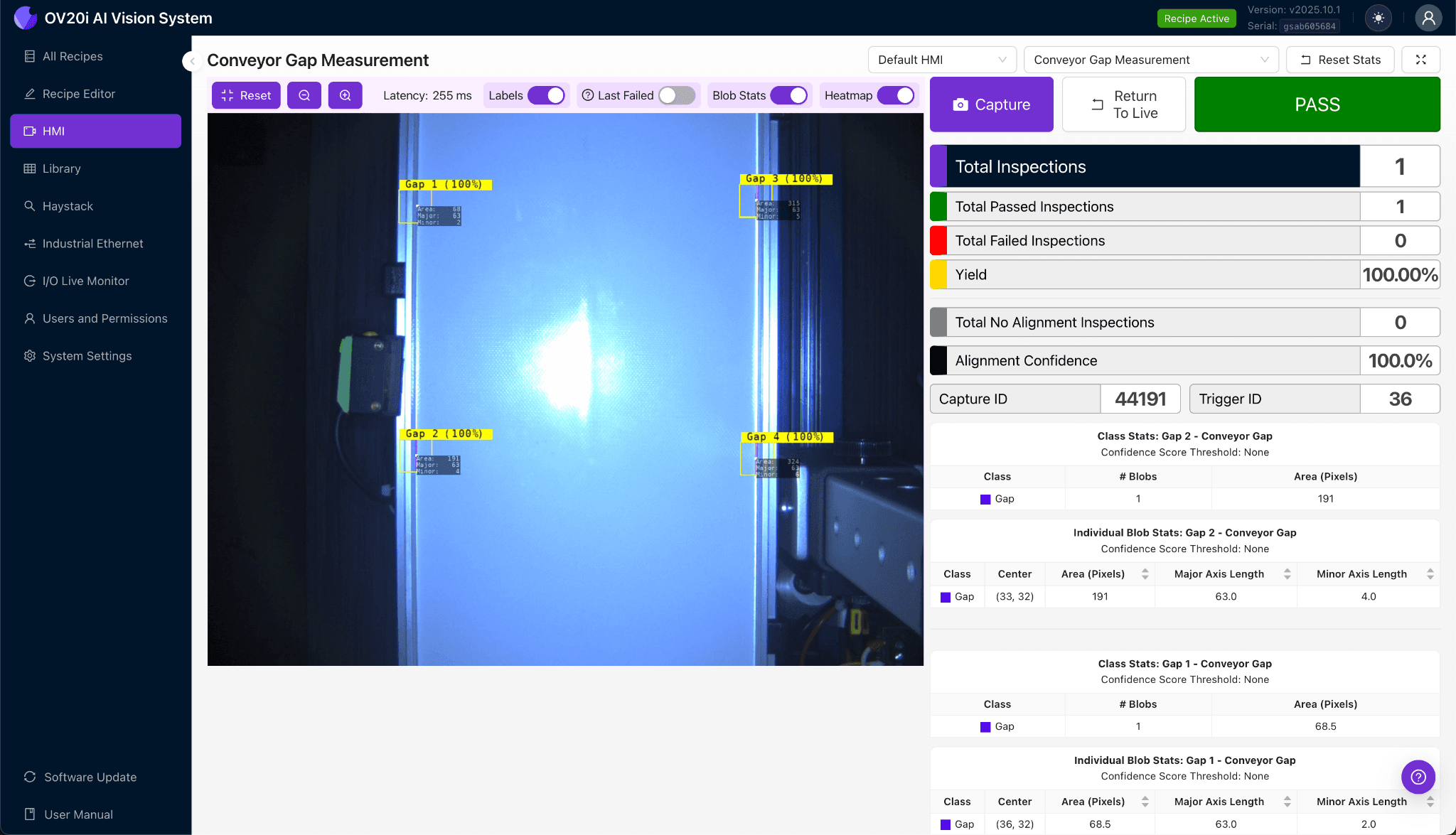 Package Damage Check — OV20i / OV80i HMI showing real-time damage detection with FAIL result