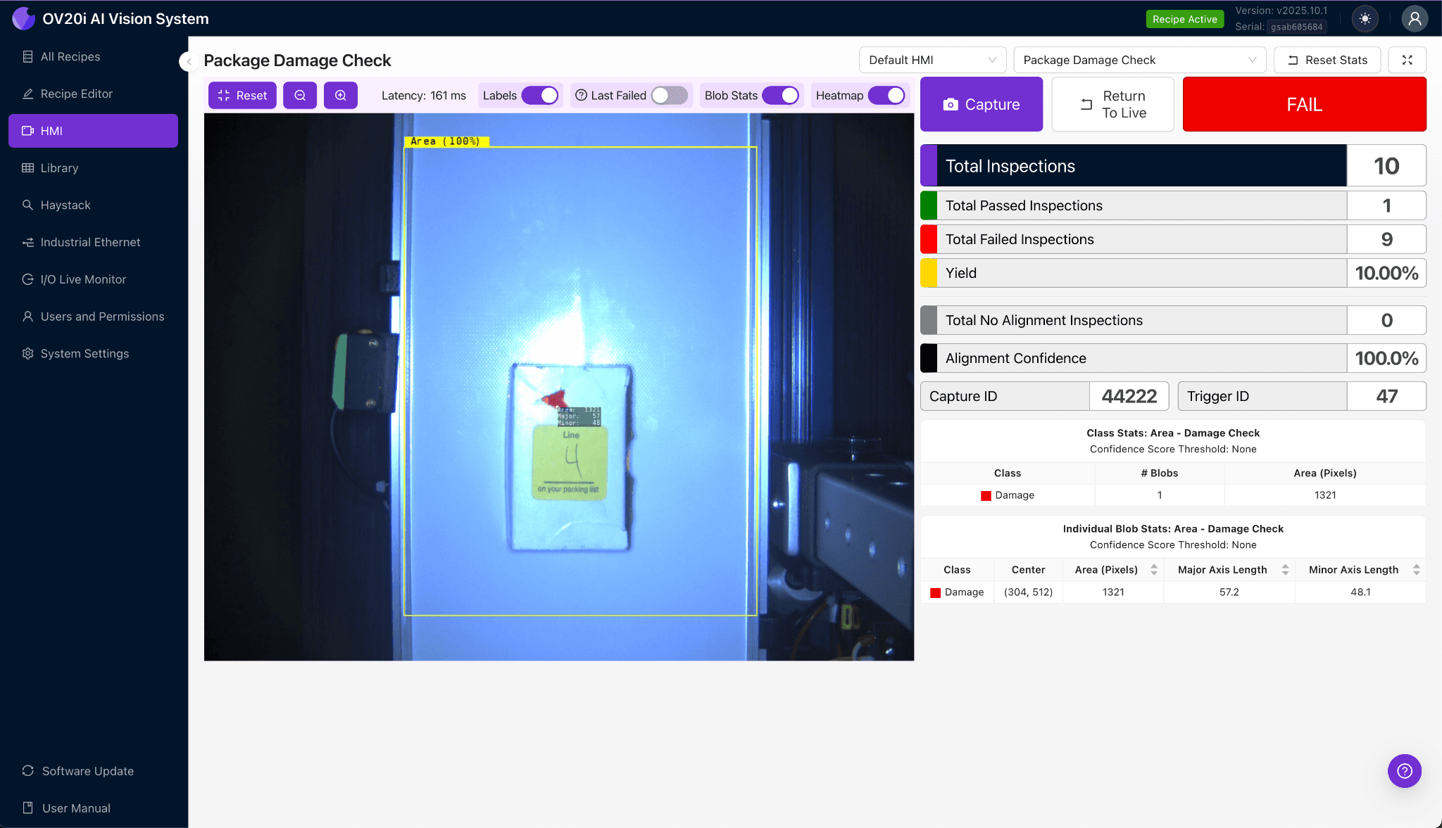 Flow Control Analytics — OV20i / OV80i HMI showing package area detection and pass/fail