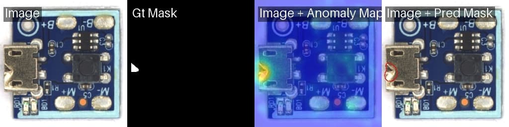 Phát hiện bất thường trên PCB hiển thị ảnh gốc, mặt nạ chuẩn, bản đồ nhiệt bất thường và mặt nạ dự đoán