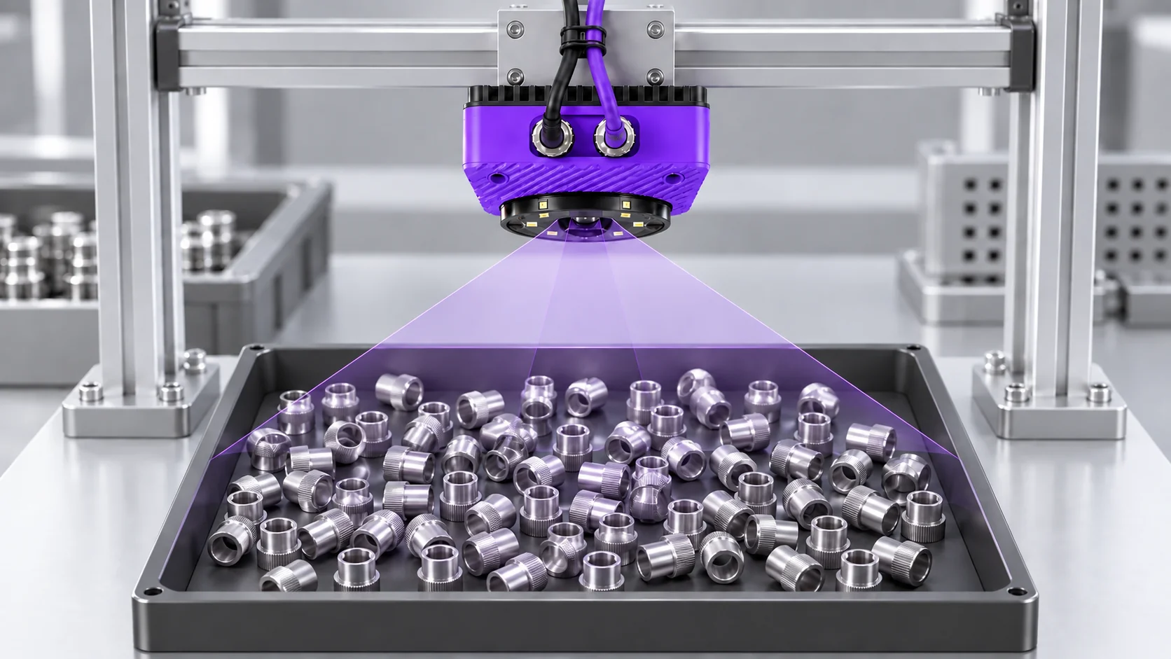 Overhead Spark camera inspecting dozens of scattered metal bushings in a shallow feeder pan.