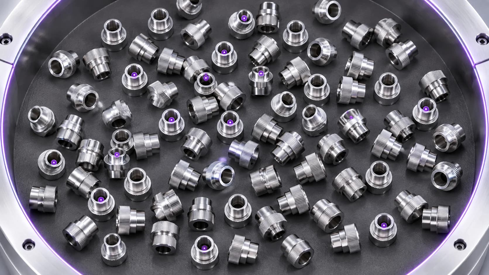 Close overhead view of scattered metal bushings at different angles, with purple markers on selected visible parts.