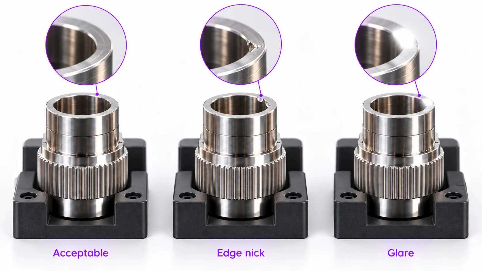 Three connector samples labeled Acceptable, Edge nick and Glare, each with an enlarged rim detail.