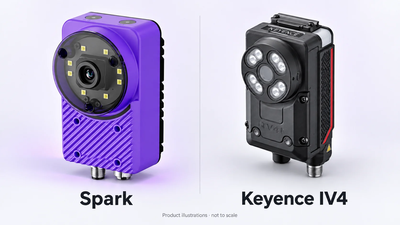 Produktabbildungen von Overview Spark und Keyence IV4 auf einem hellvioletten Hintergrund.