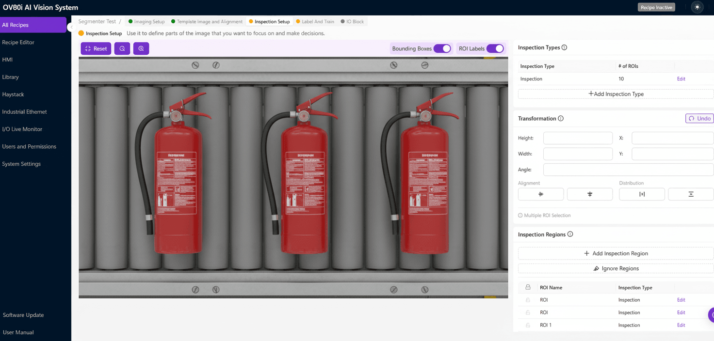 AI computer vision system performing a visual inspection on a fire extinguisher, checking the pressure gauge and tamper seal for compliance.