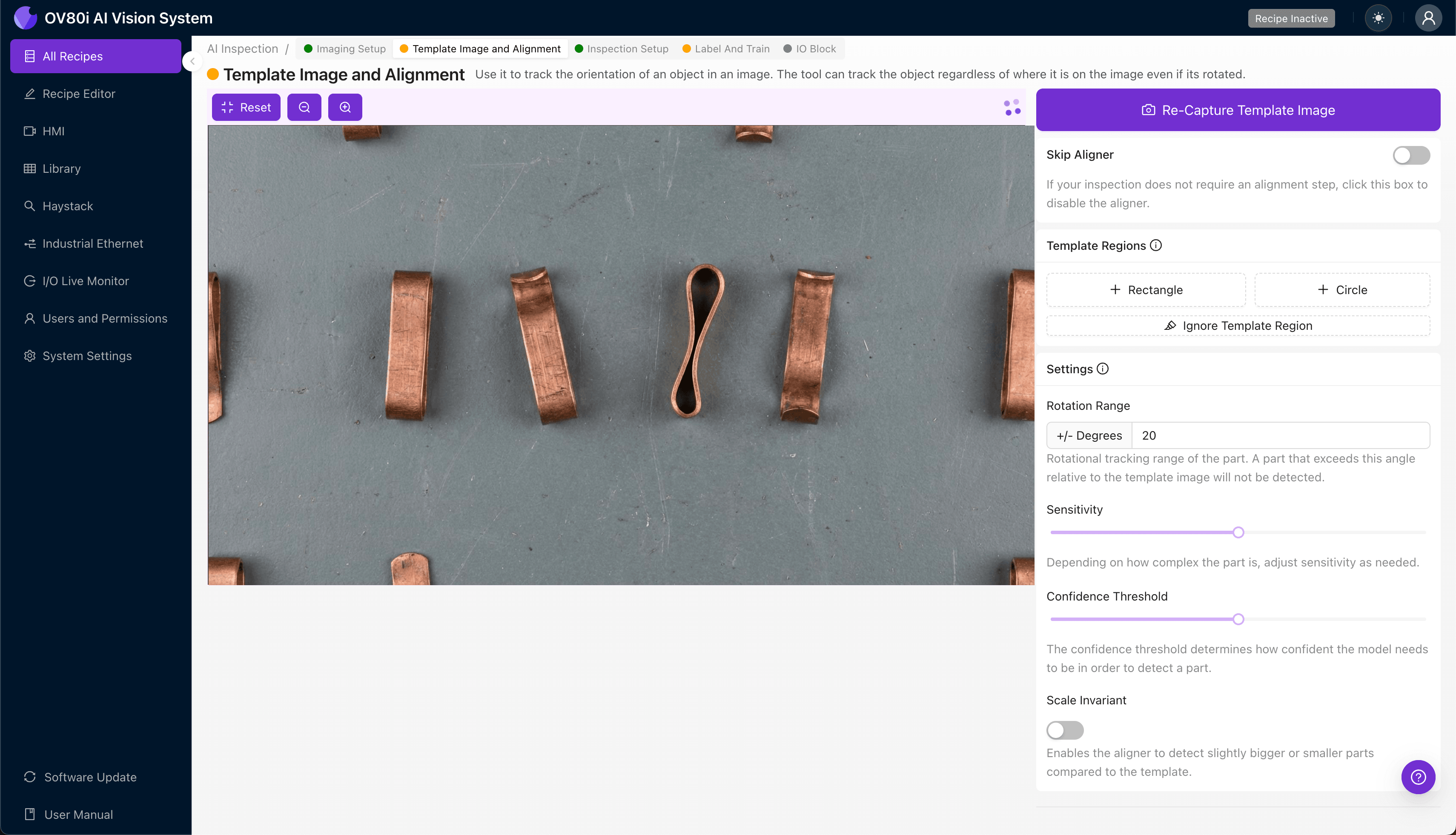 Image alignment configuration showing template image and alignment region for beryllium copper contact