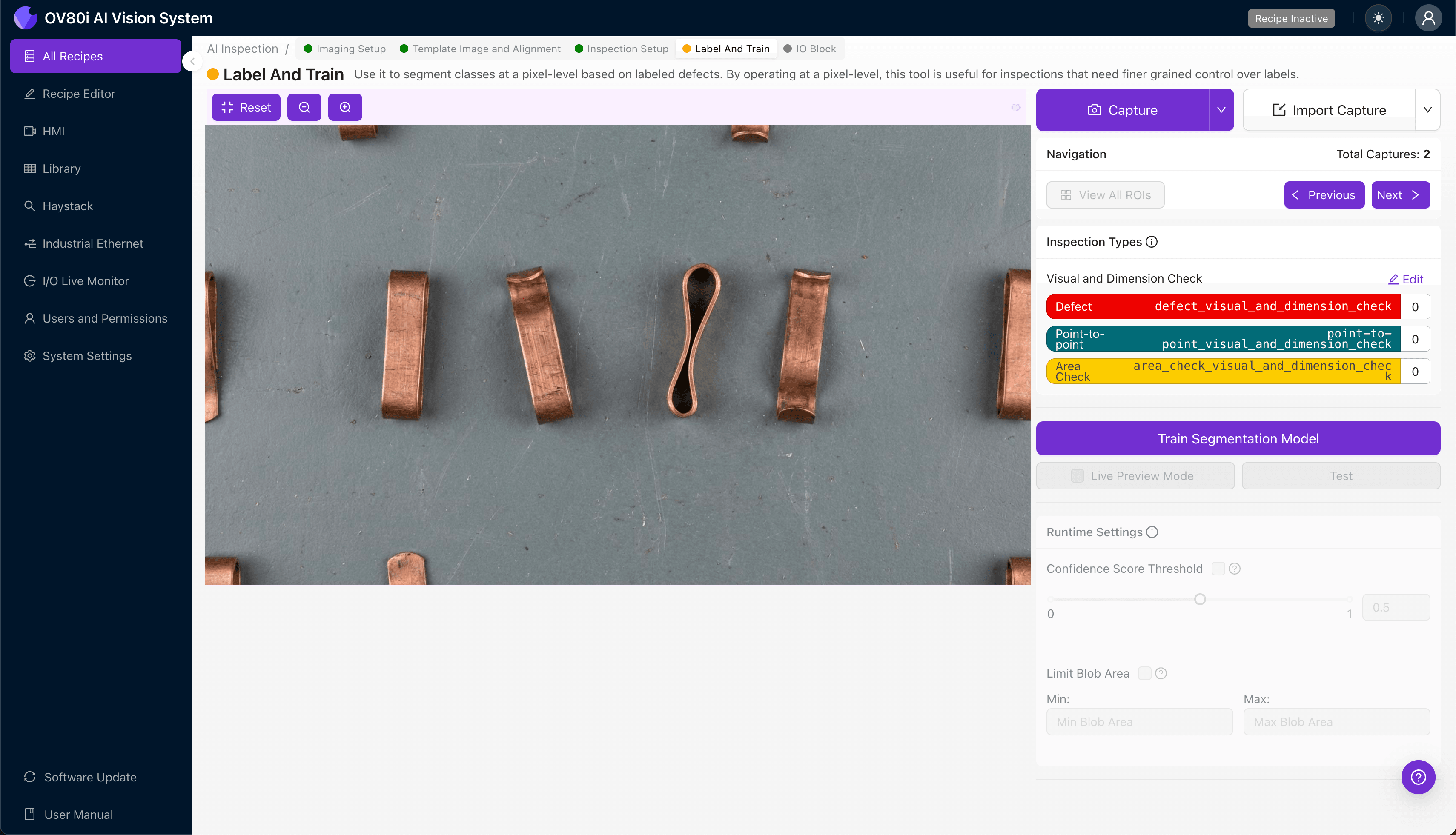 Rules configuration panel showing pass/fail thresholds for beryllium copper contact inspection