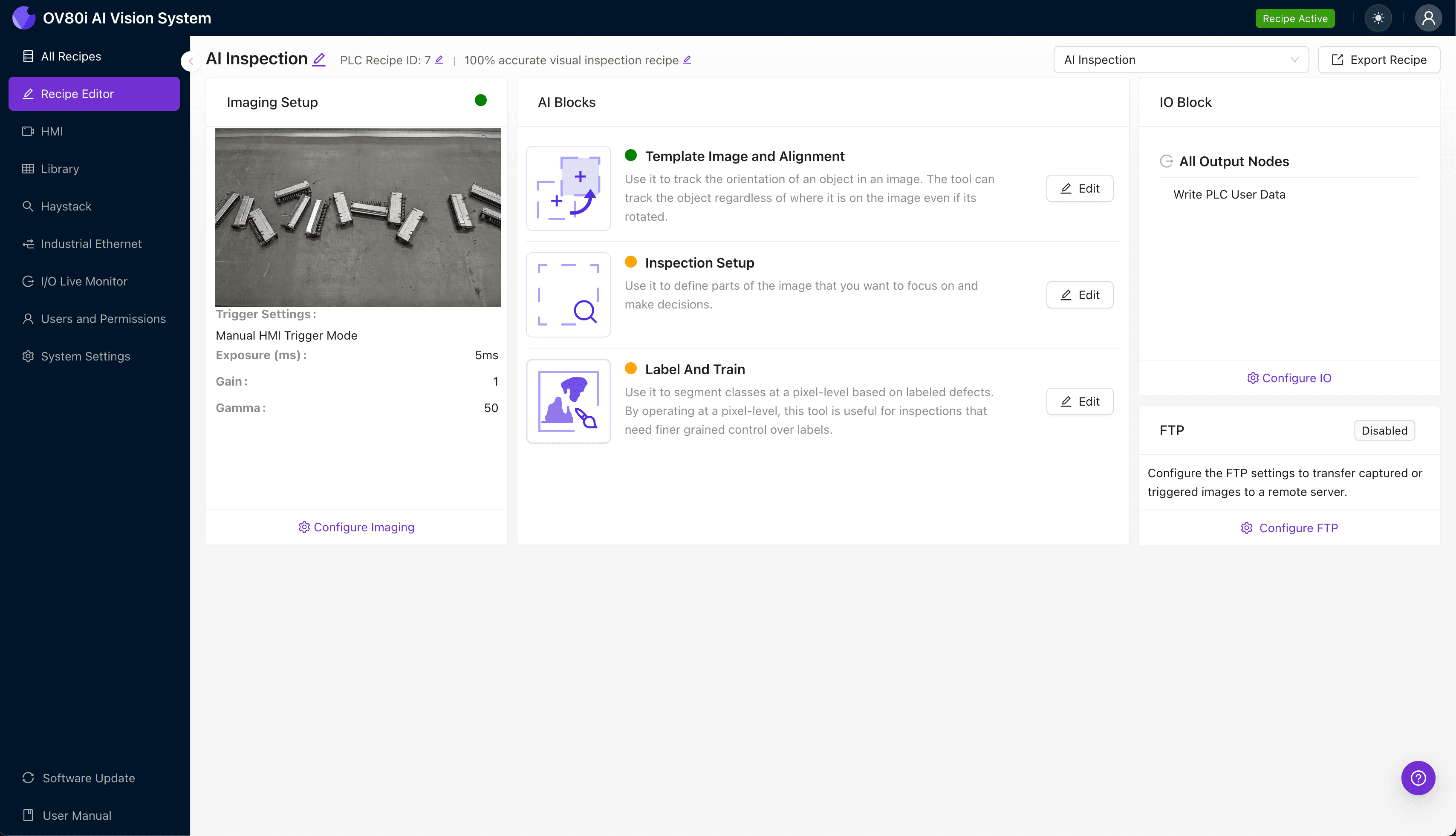 Configuring imaging settings for blind-mate header inspection in Overview.ai