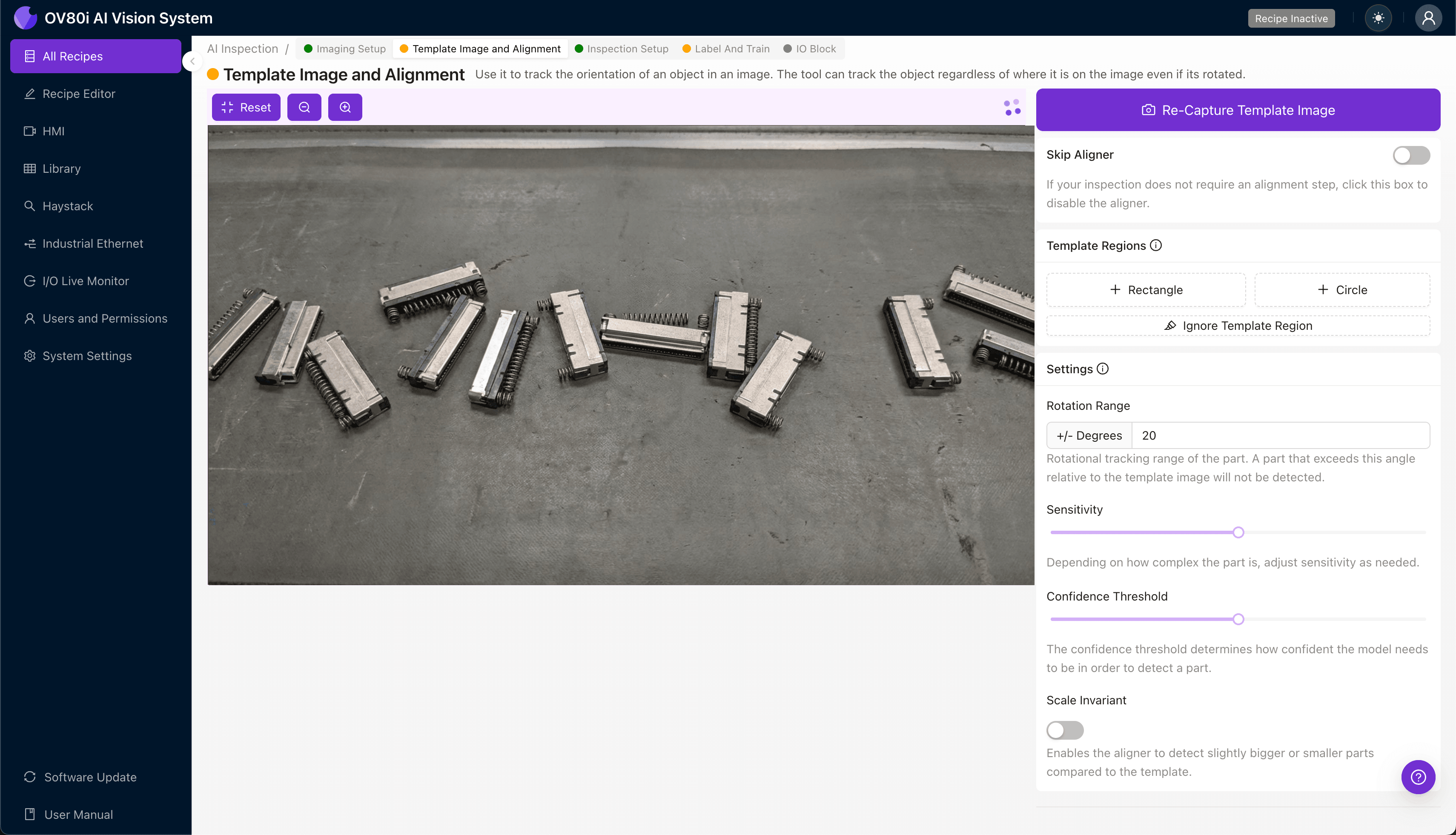 Setting up template image alignment for blind-mate header inspection