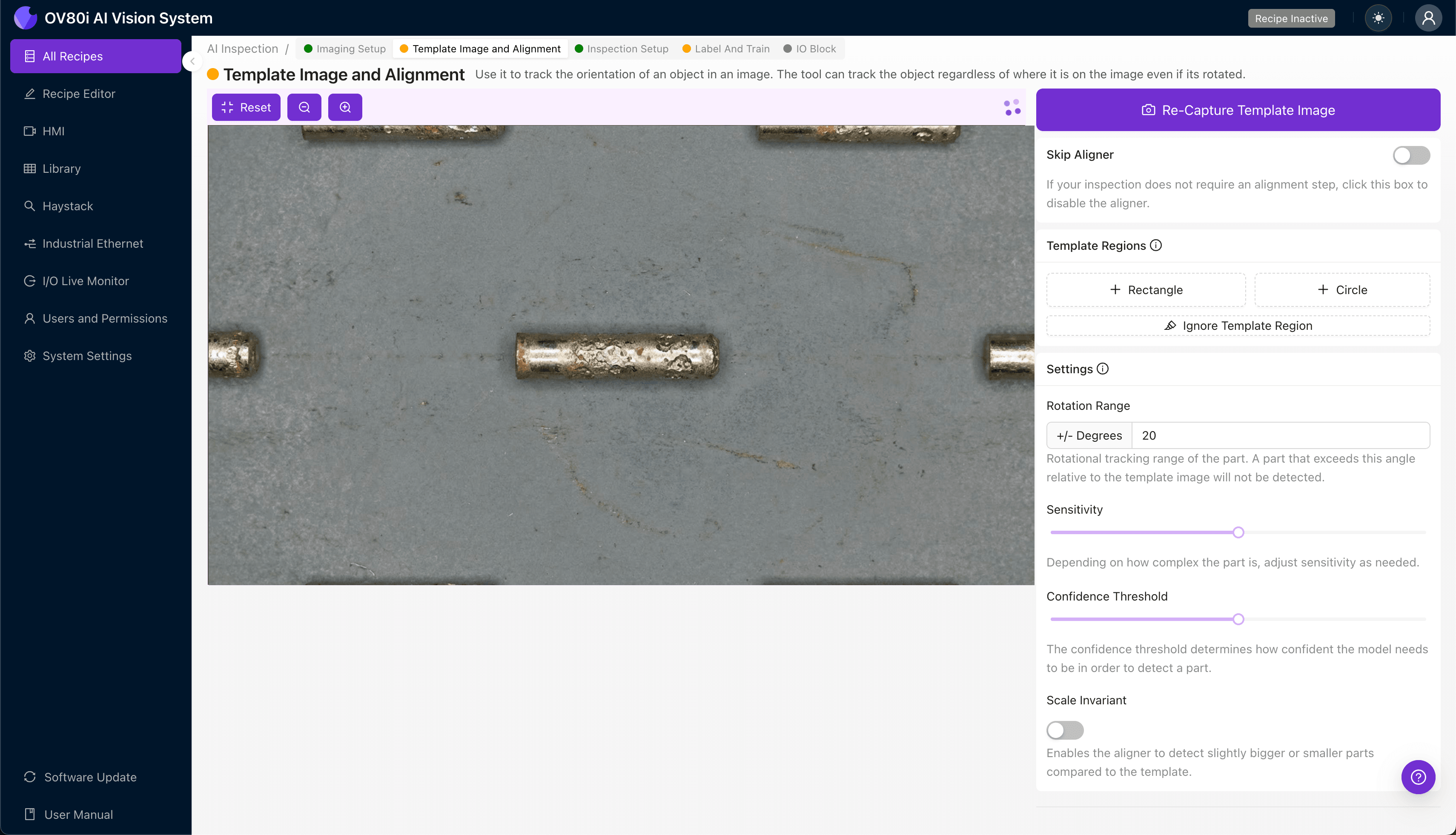 Template image alignment configuration for coax center pin orientation
