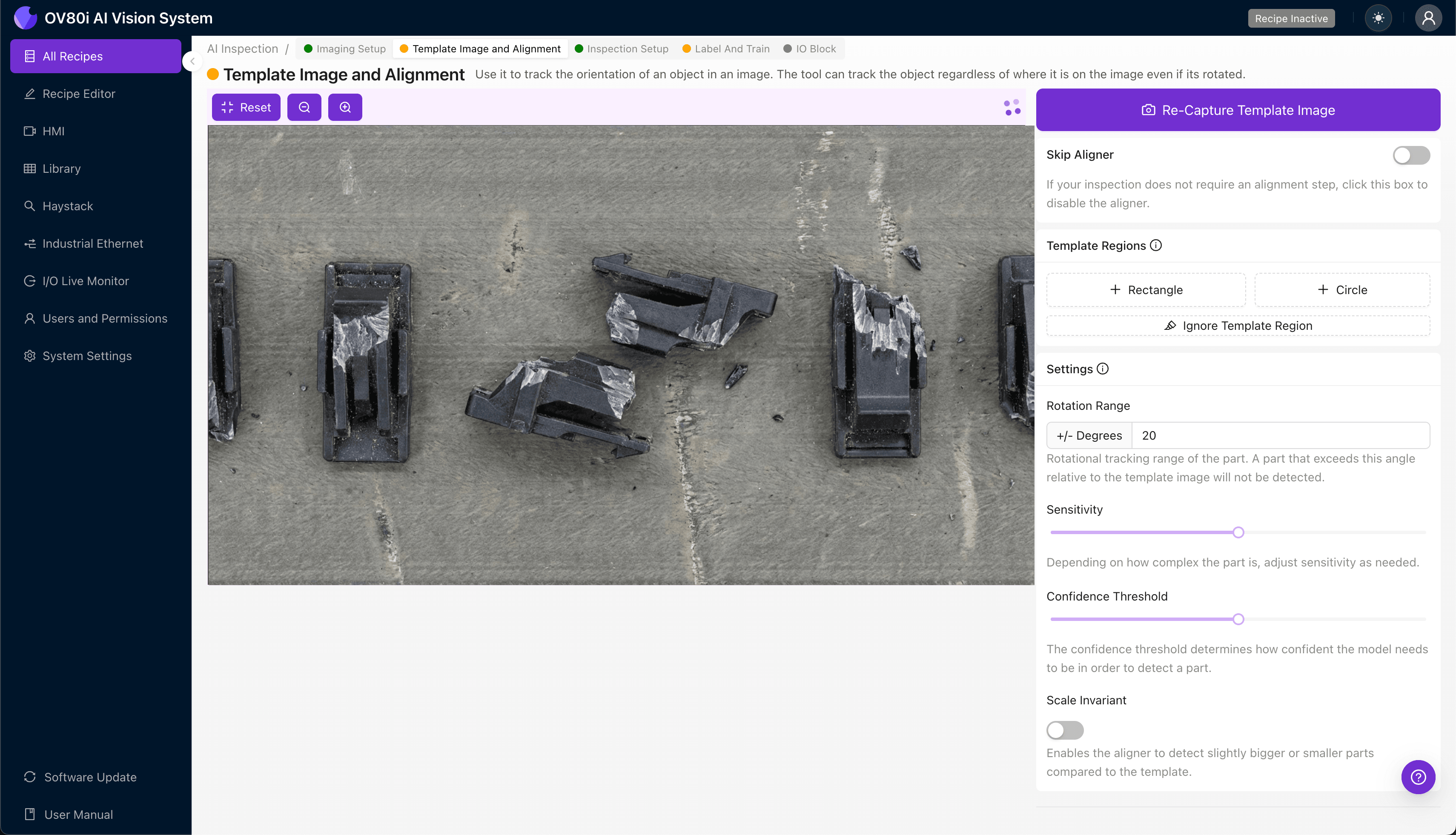 Template image alignment configuration for connector latch inspection