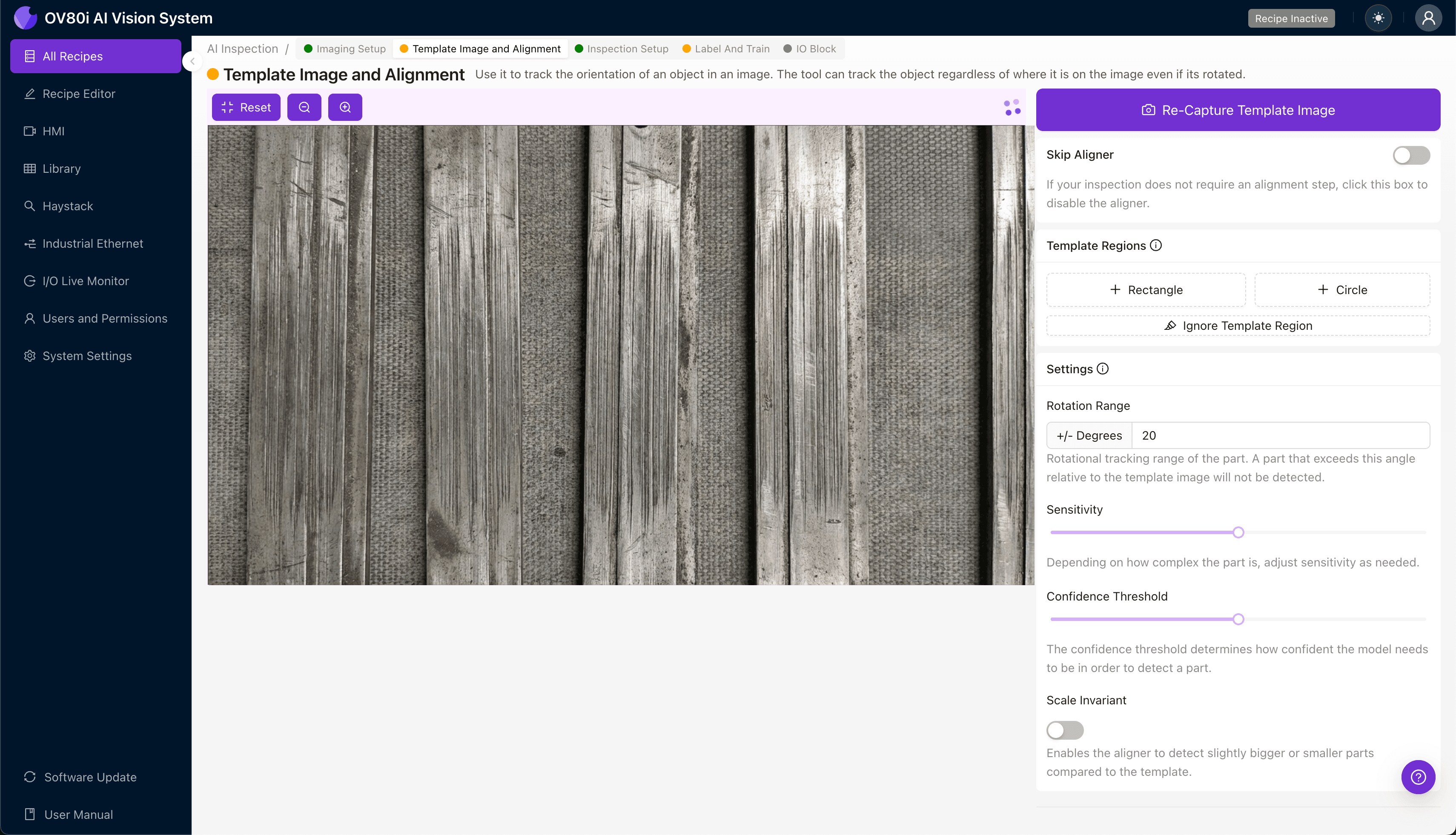 Template alignment configuration for contact beam inspection