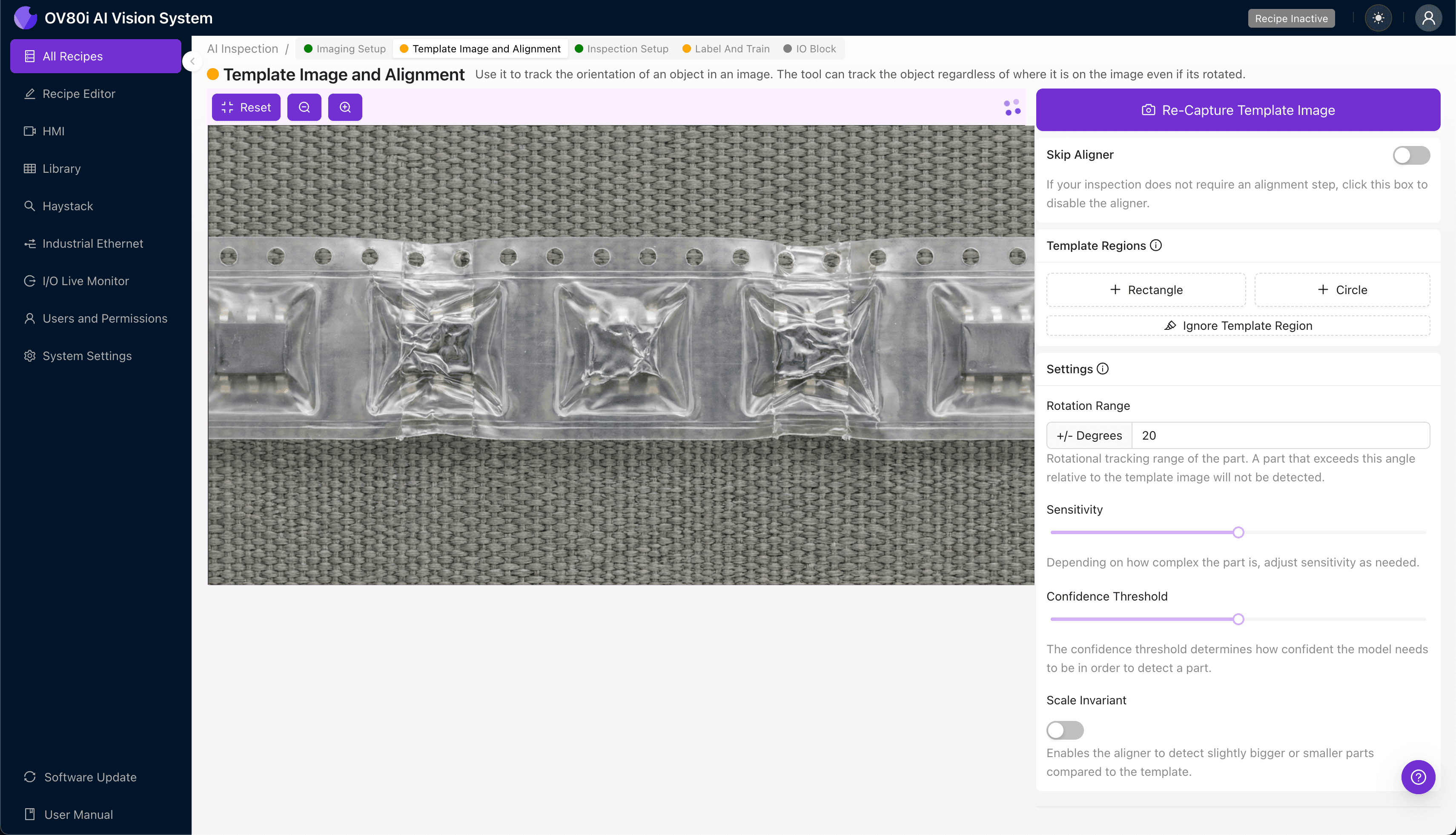 Template alignment configuration for tape-and-reel pocket inspection