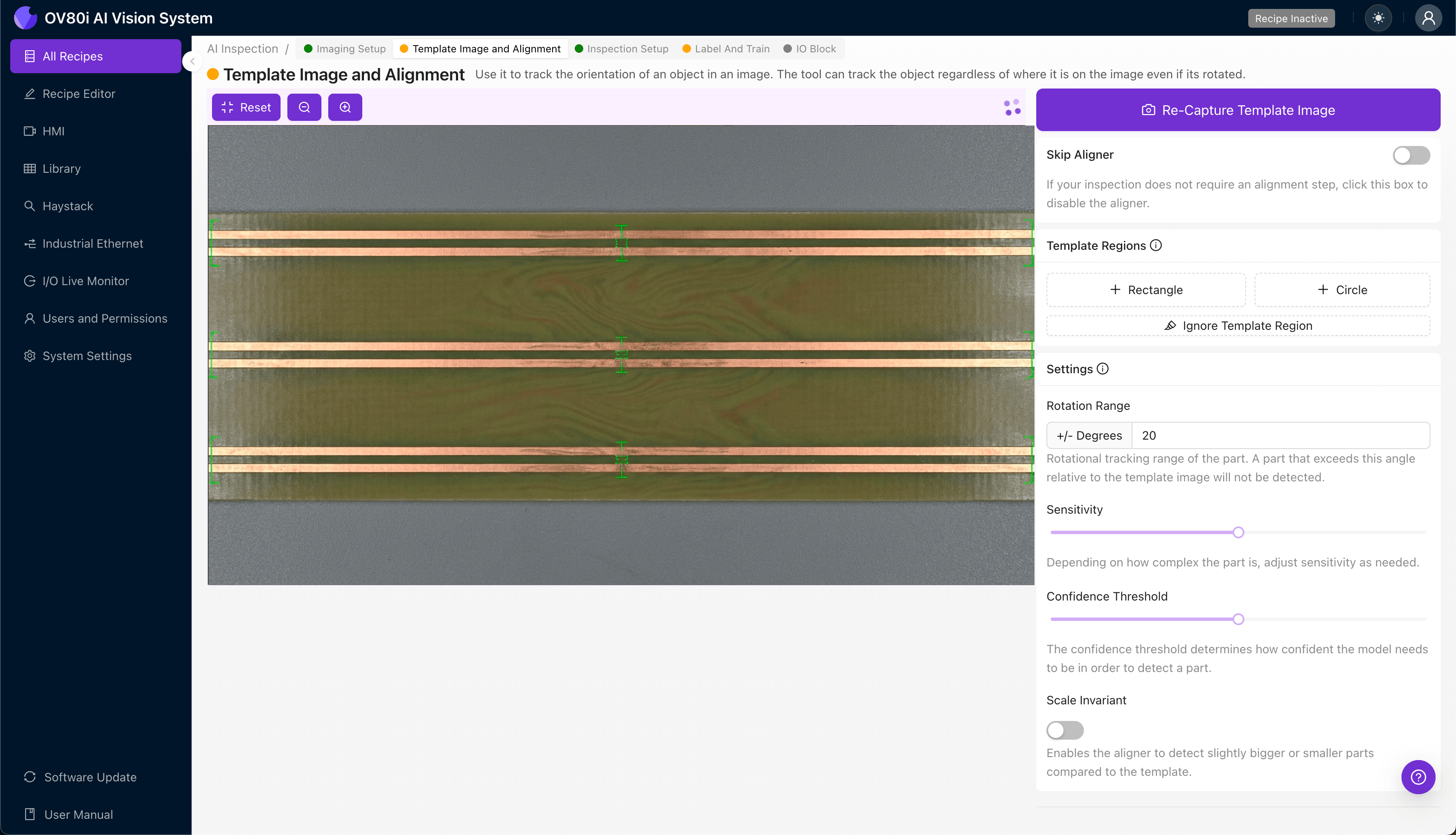 Template image configuration showing alignment rectangle around differential pair routing with rotation range settings