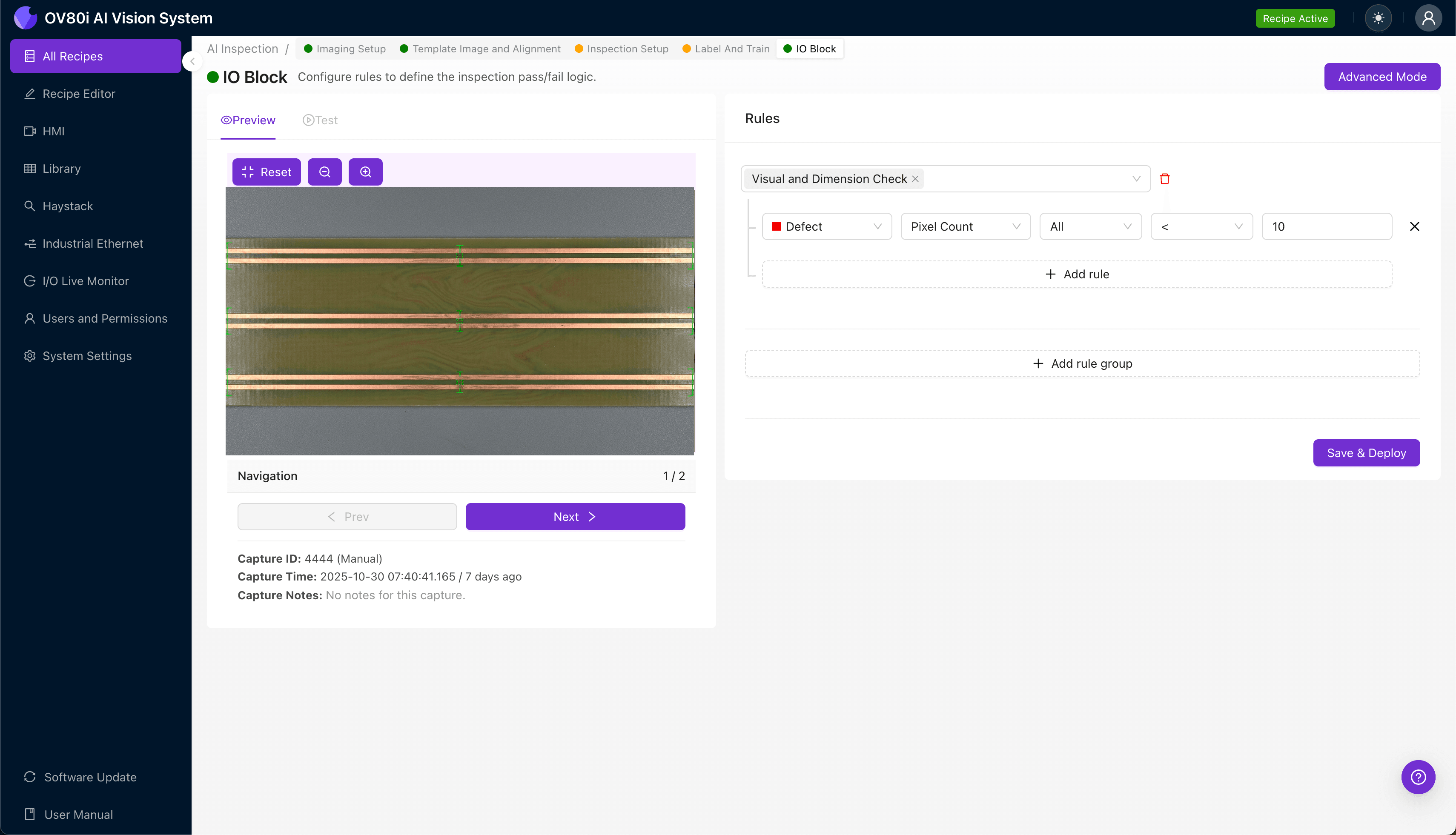 OV80i inspection interface showing differential pair routing analysis with dielectric variance detection regions highlighted