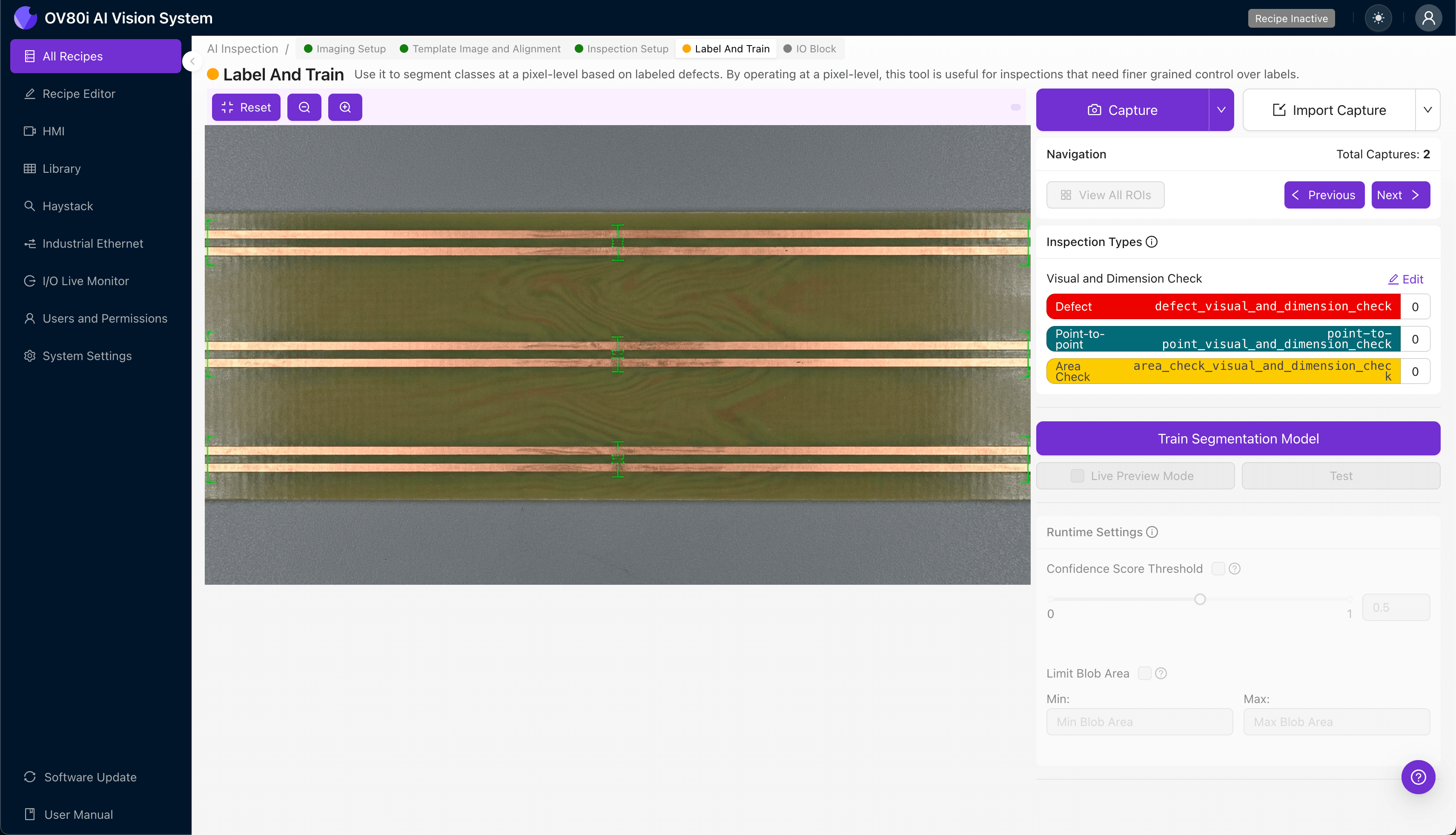 Rules configuration panel showing confidence thresholds for Resin_Void, Fiber_Weave_Exposure, and Surface_Delamination inspection types