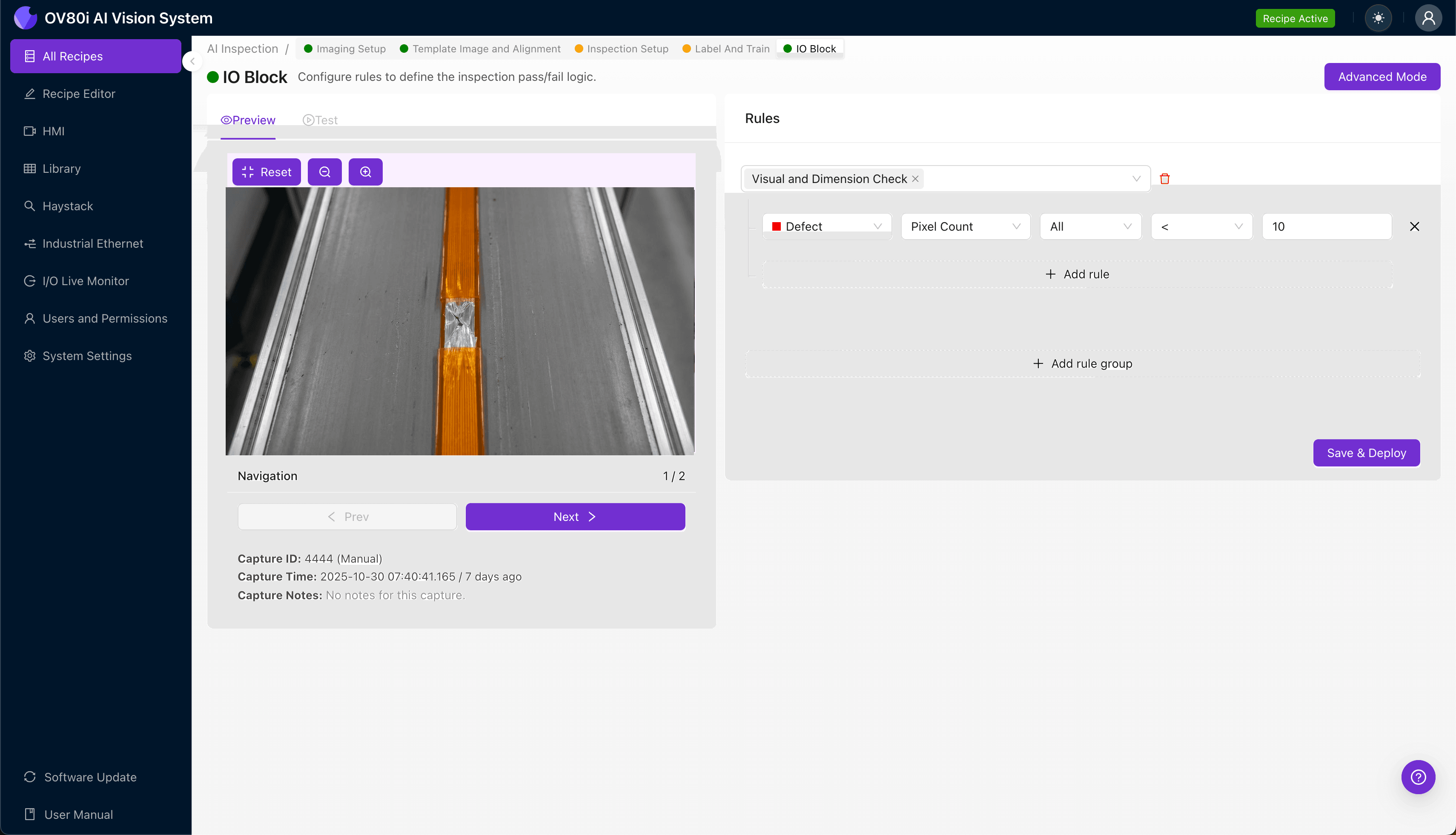 AI-powered inspection system analyzing fiber ribbon cable with shattered glass core defects