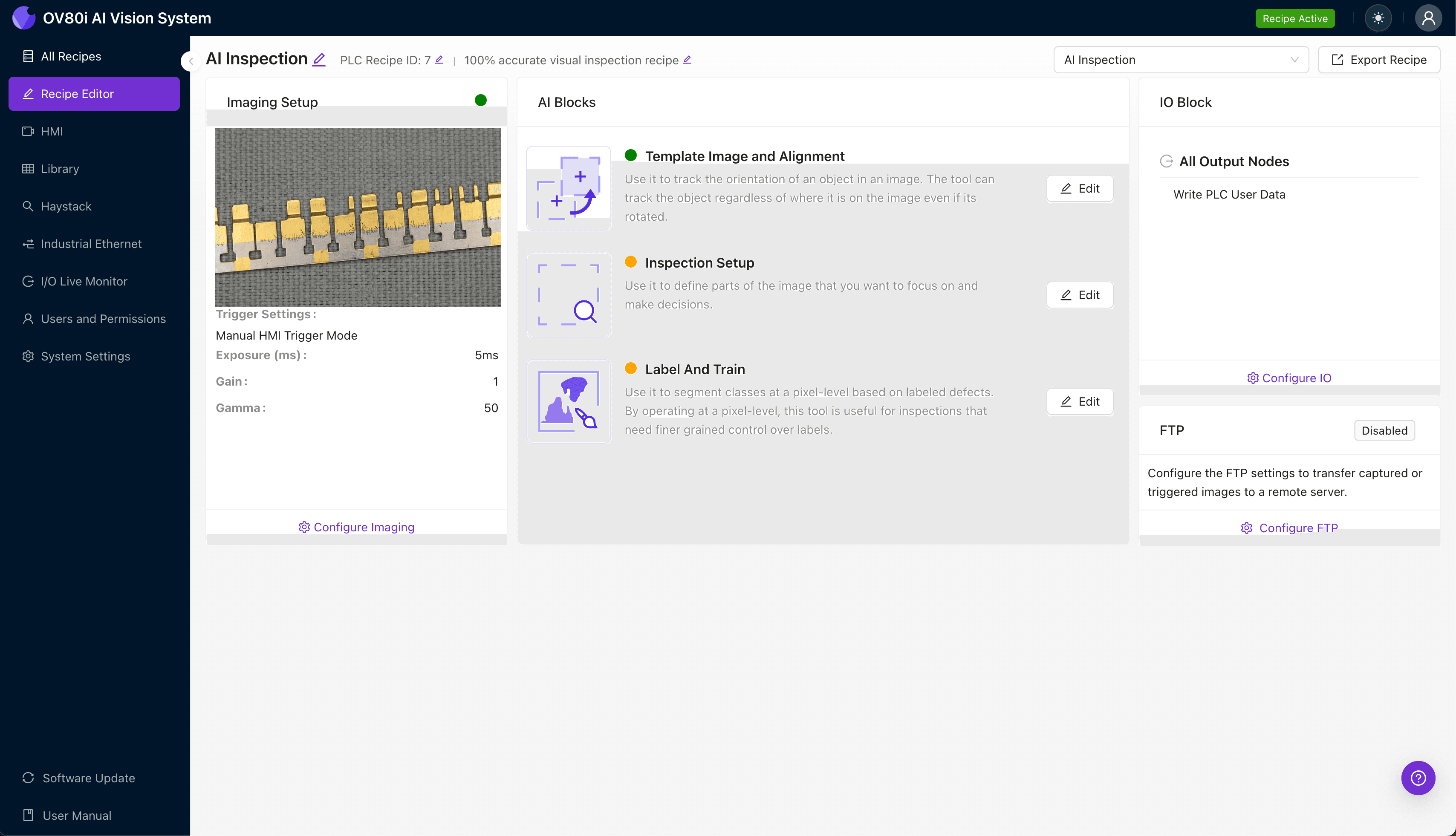 OV80i camera system imaging setup for gold-plated terminal inspection