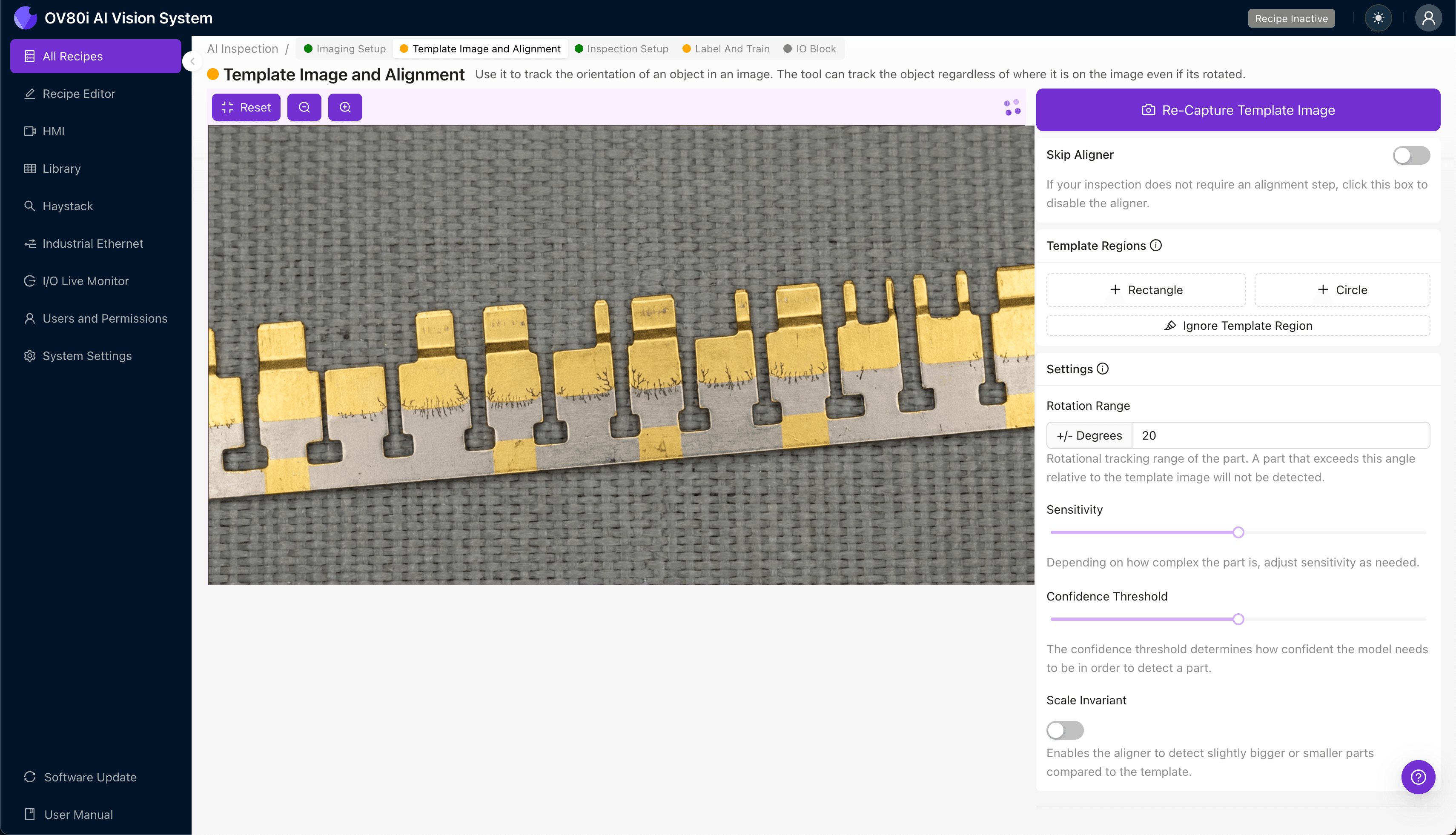 Template alignment configuration for gold-plated terminal with rotation range settings