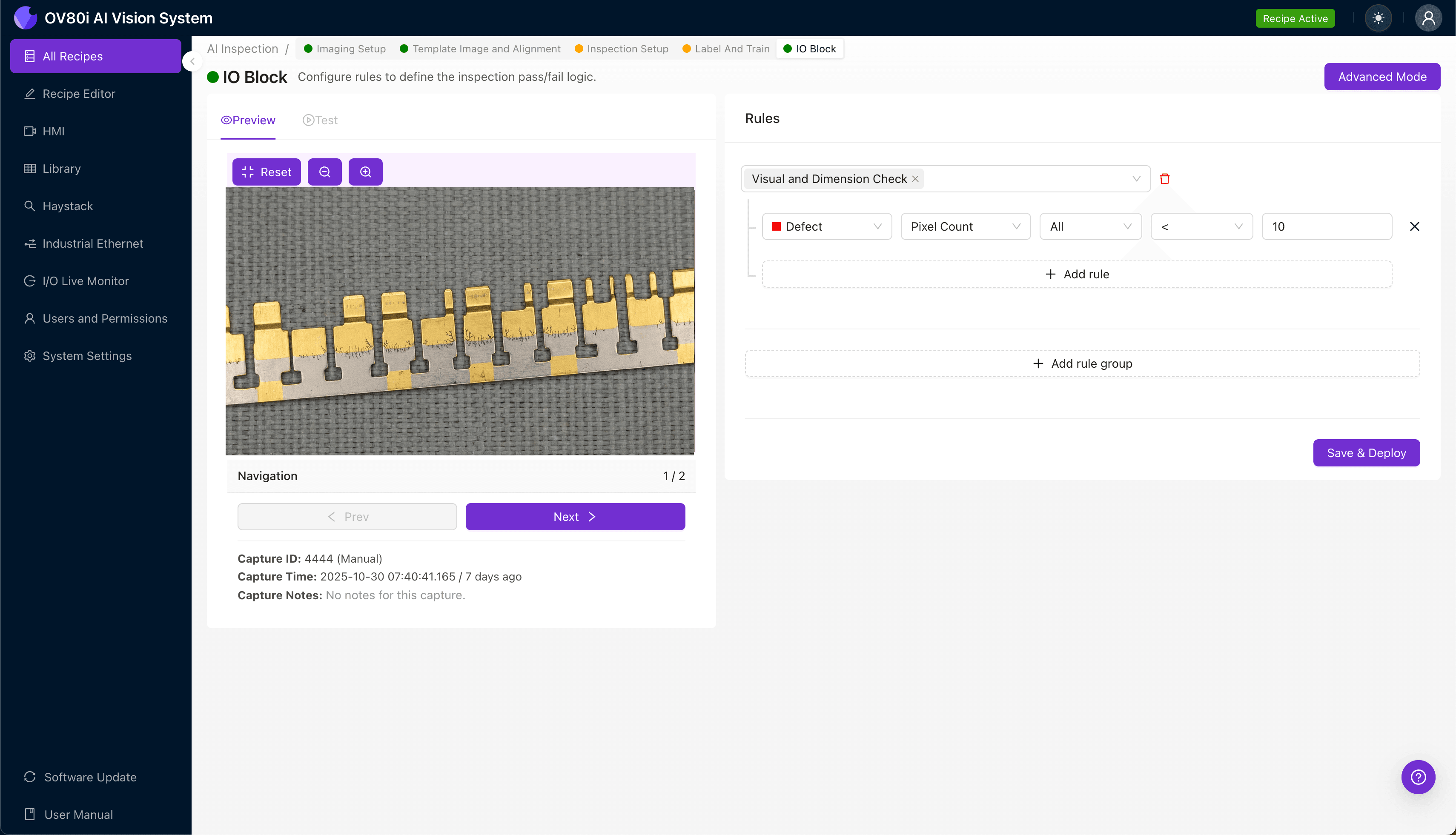 Machine vision inspection of gold-plated terminal showing nickel migration detection zones
