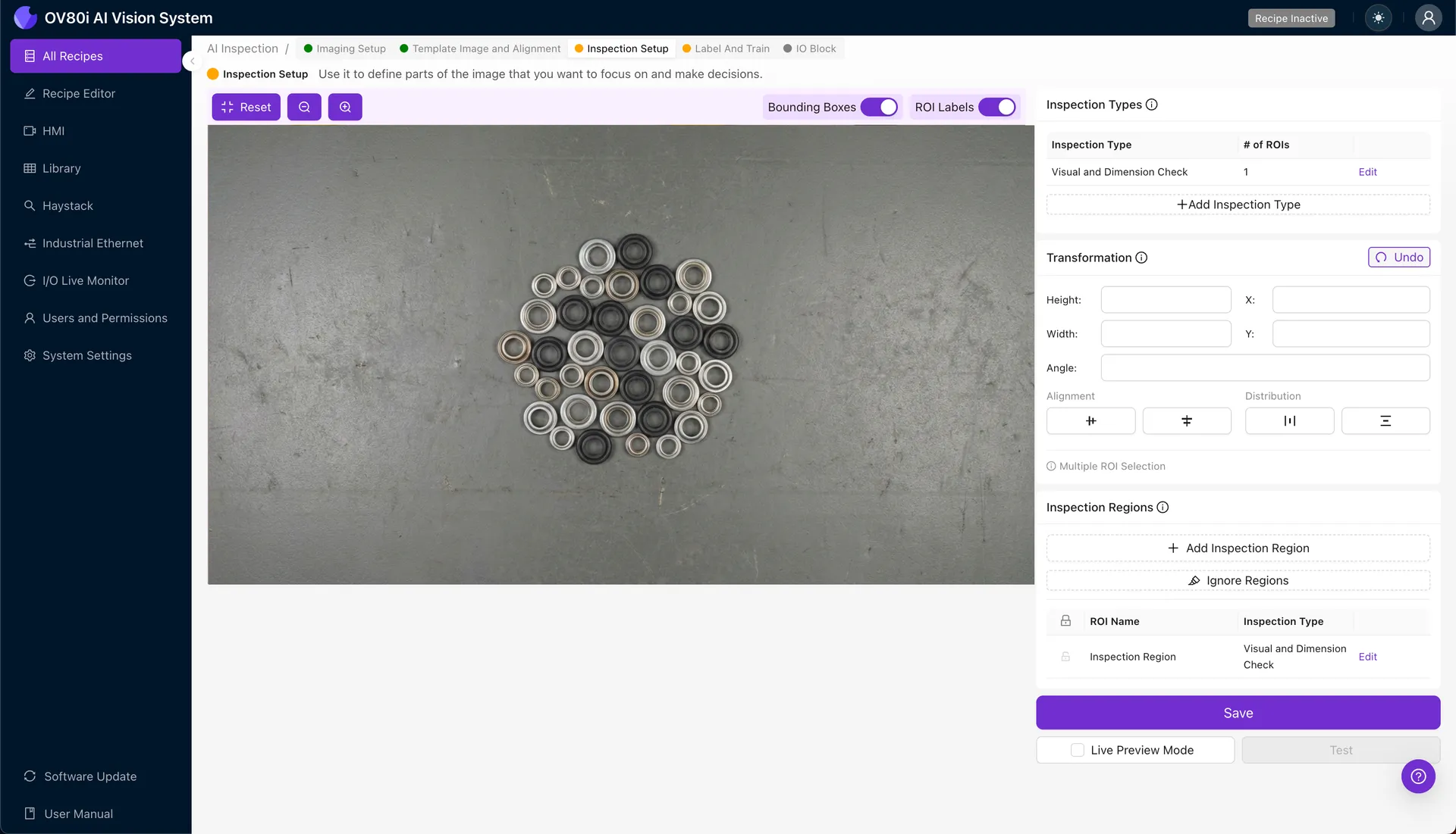 Automated grommet visual inspection interface showing defect detection