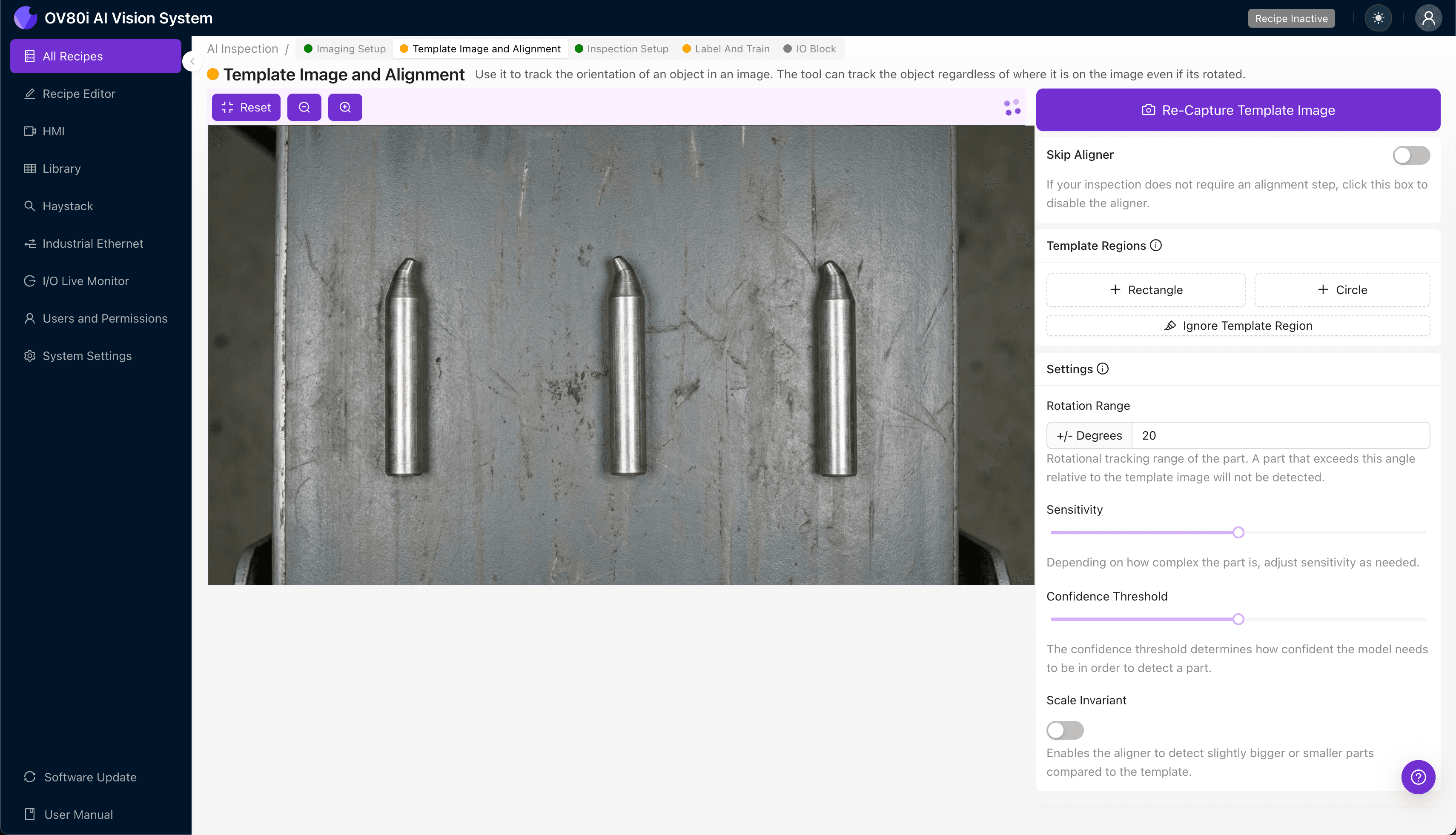 Template alignment configuration for guide pin inspection