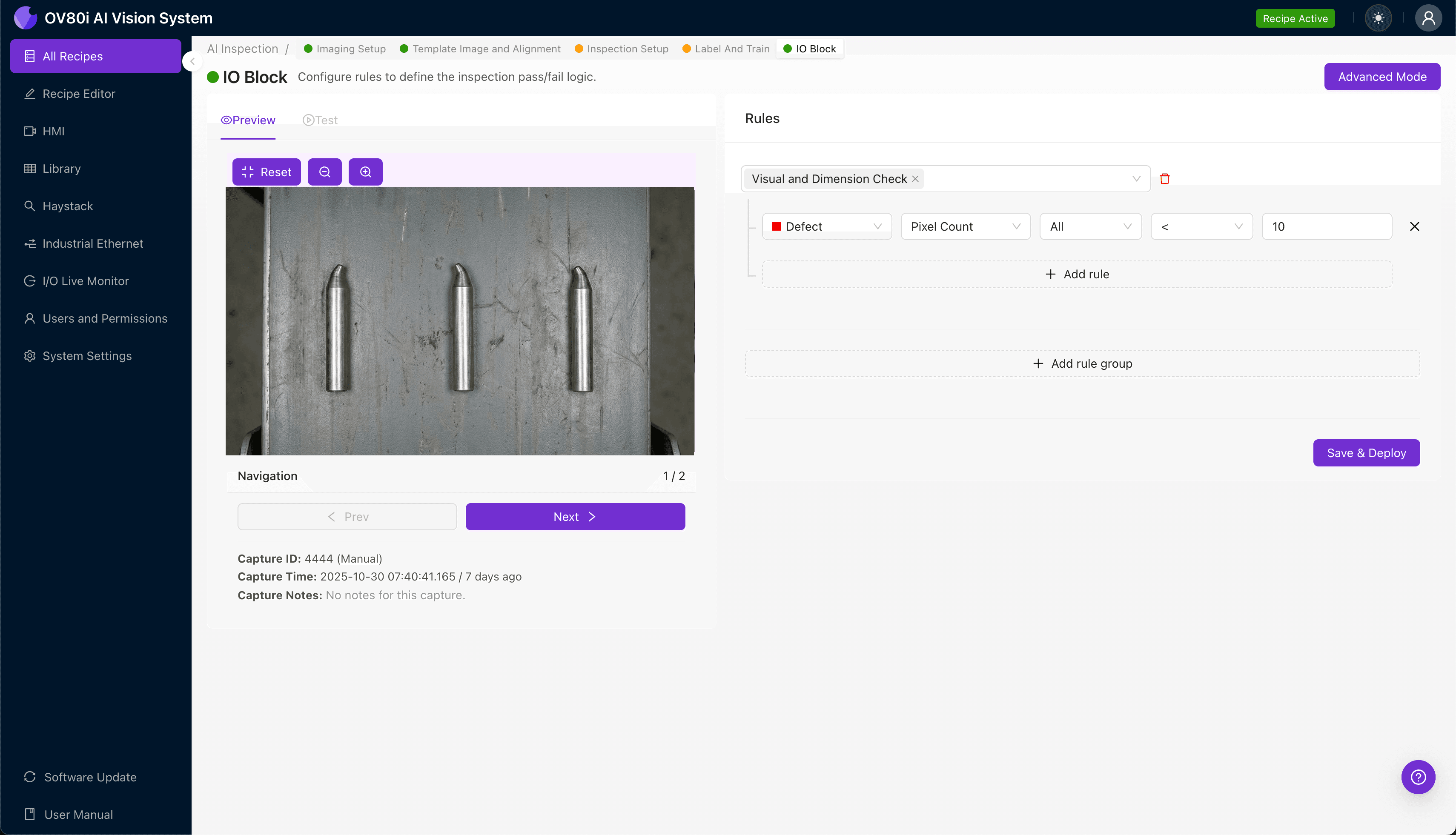 AI visual inspection system detecting bent alignment tip defects on guide pins