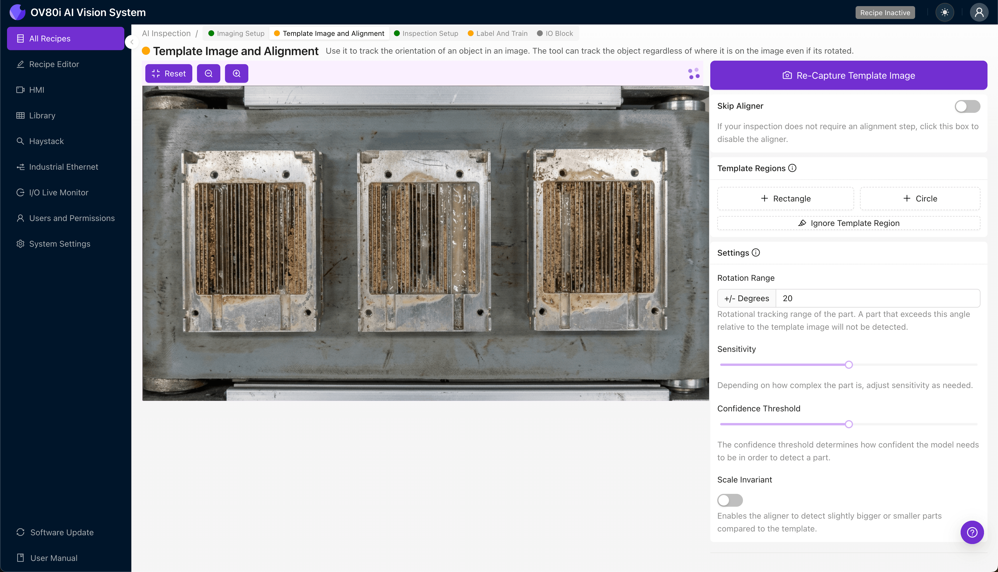 Template image alignment configuration for OSFP cage inspection with rotation range settings