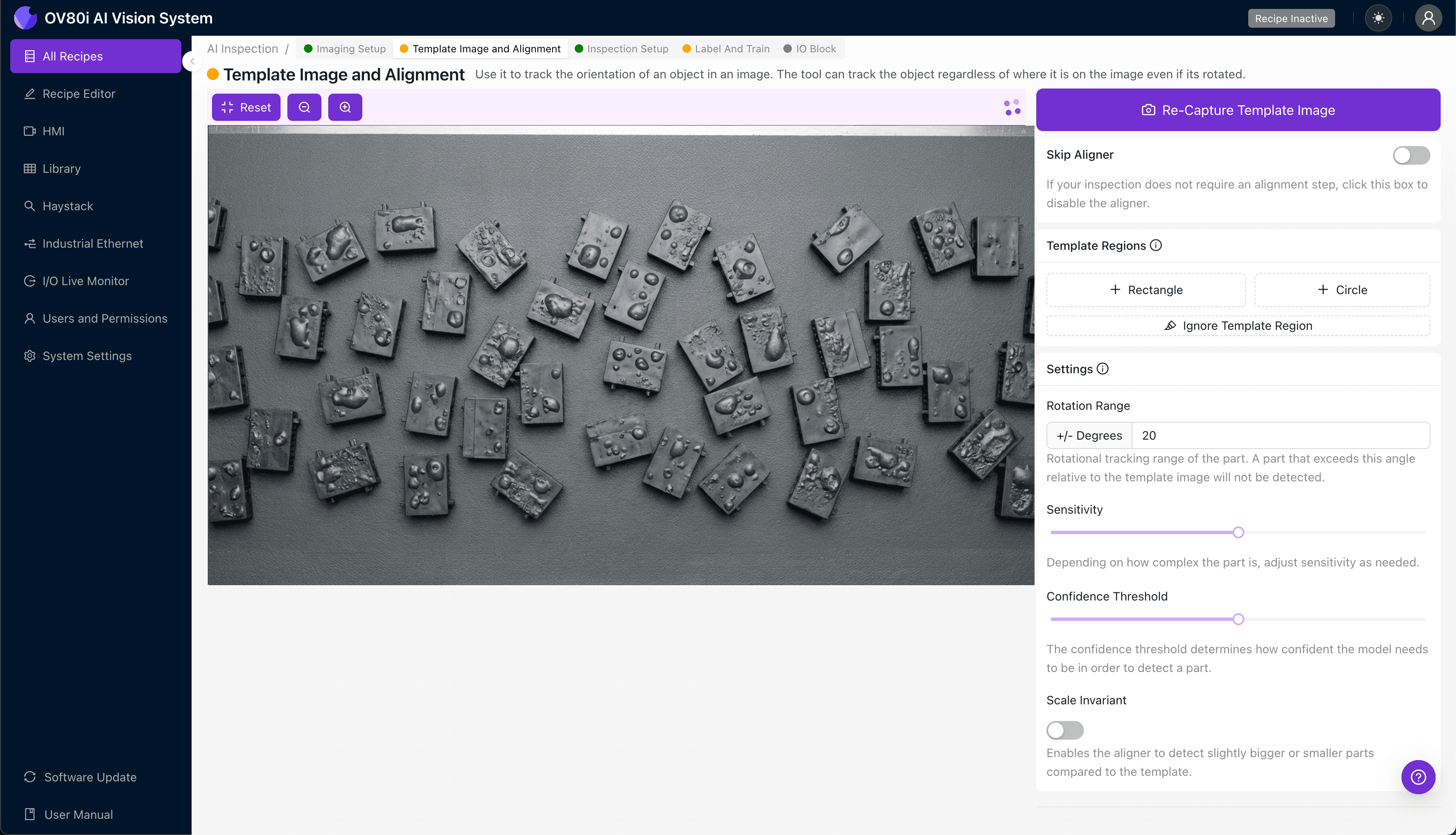 Template image alignment configuration for LCP connector body with rotation range settings