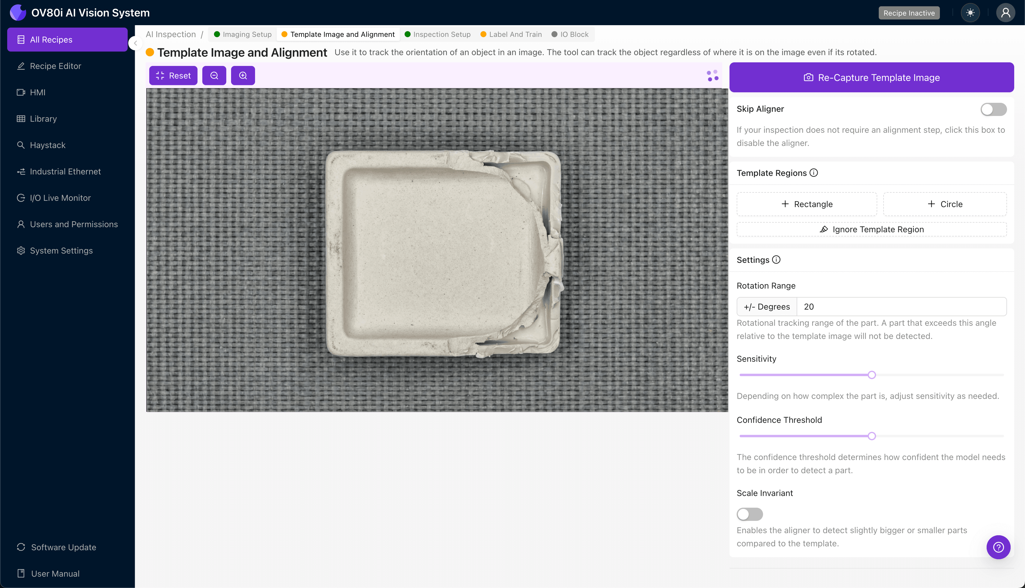 Setting up template alignment for molded insulator inspection