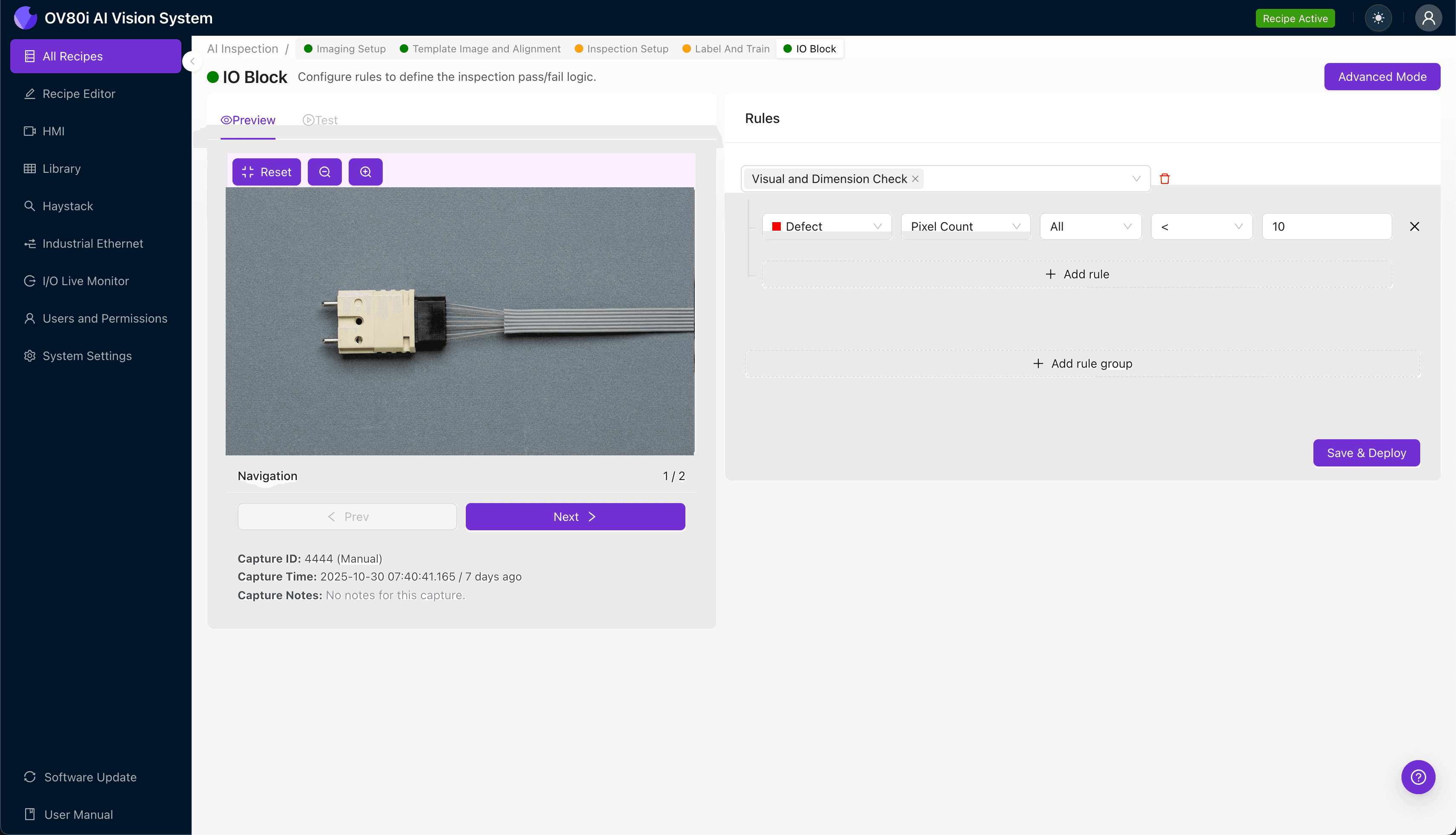 AI-powered visual inspection detecting missing alignment pin on MPO connector ferrule
