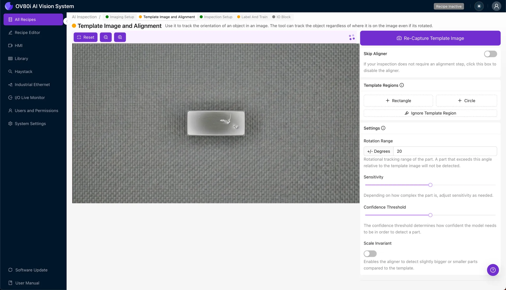 Setting up alignment template with rotation range for MPO ferrule positioning