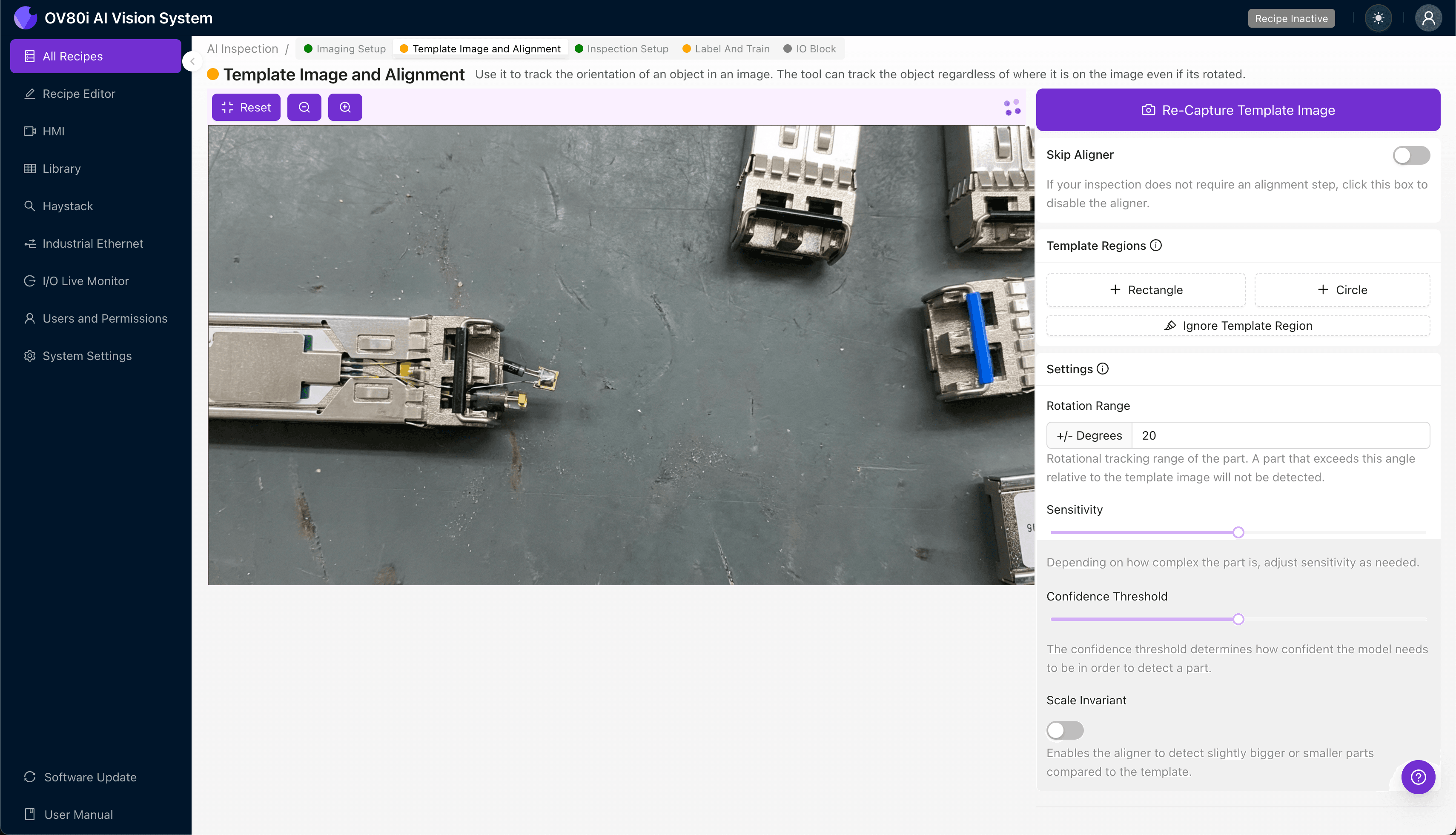 Template alignment configuration for optical transceiver positioning