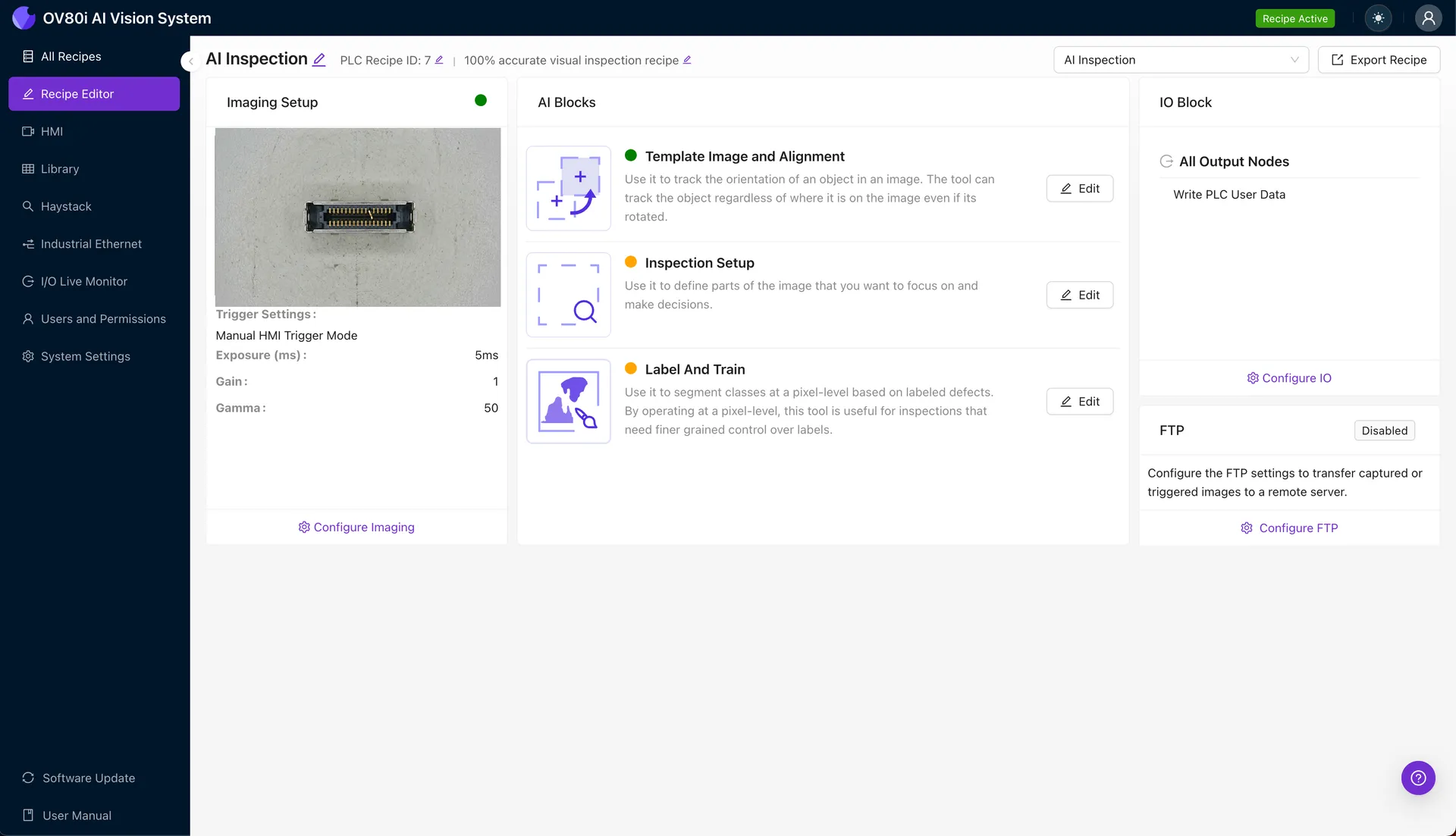 Imaging setup for OSFP connector inspection with angled lighting configuration