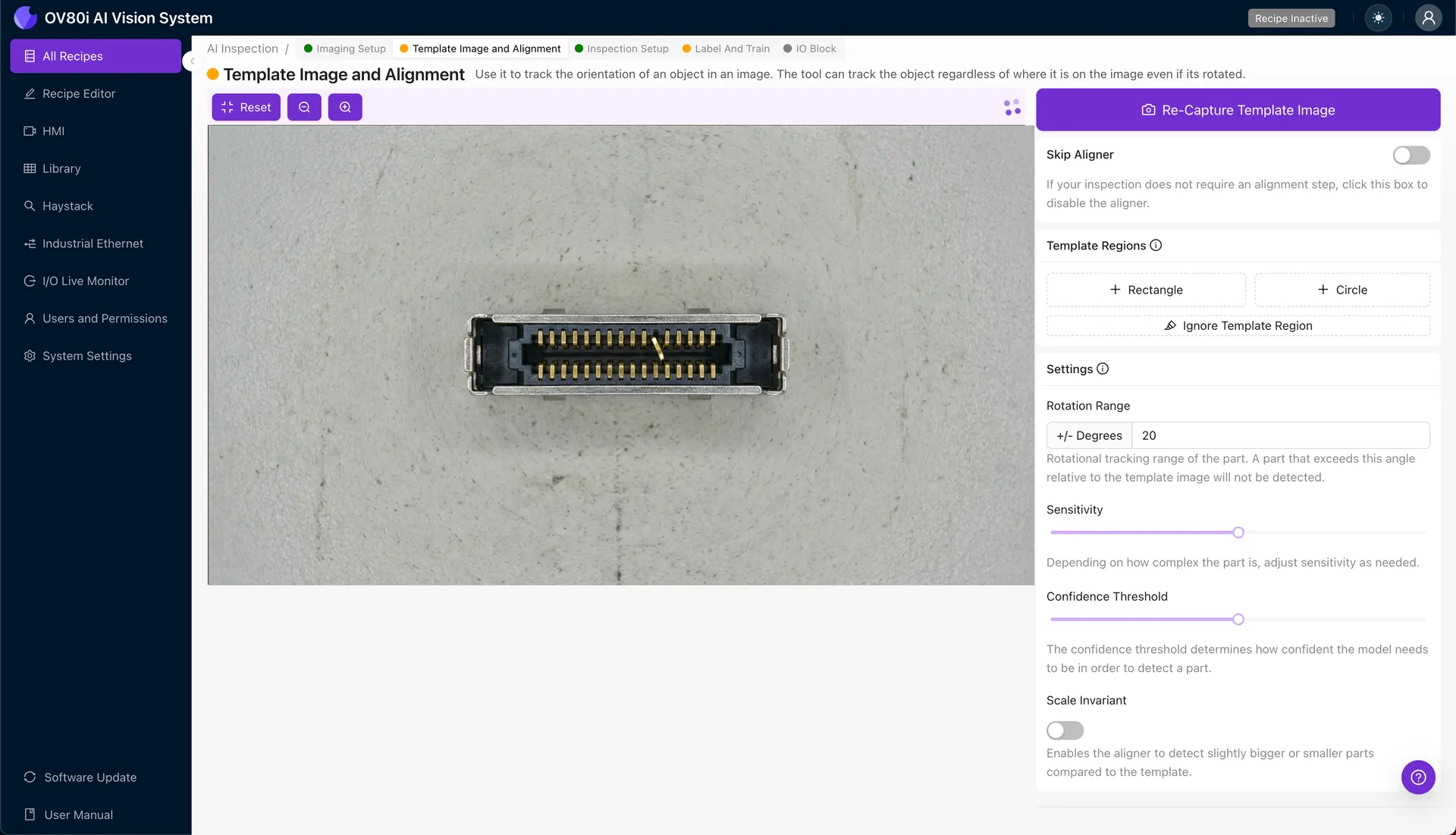 Template alignment configuration for OSFP host connector with rotation range settings